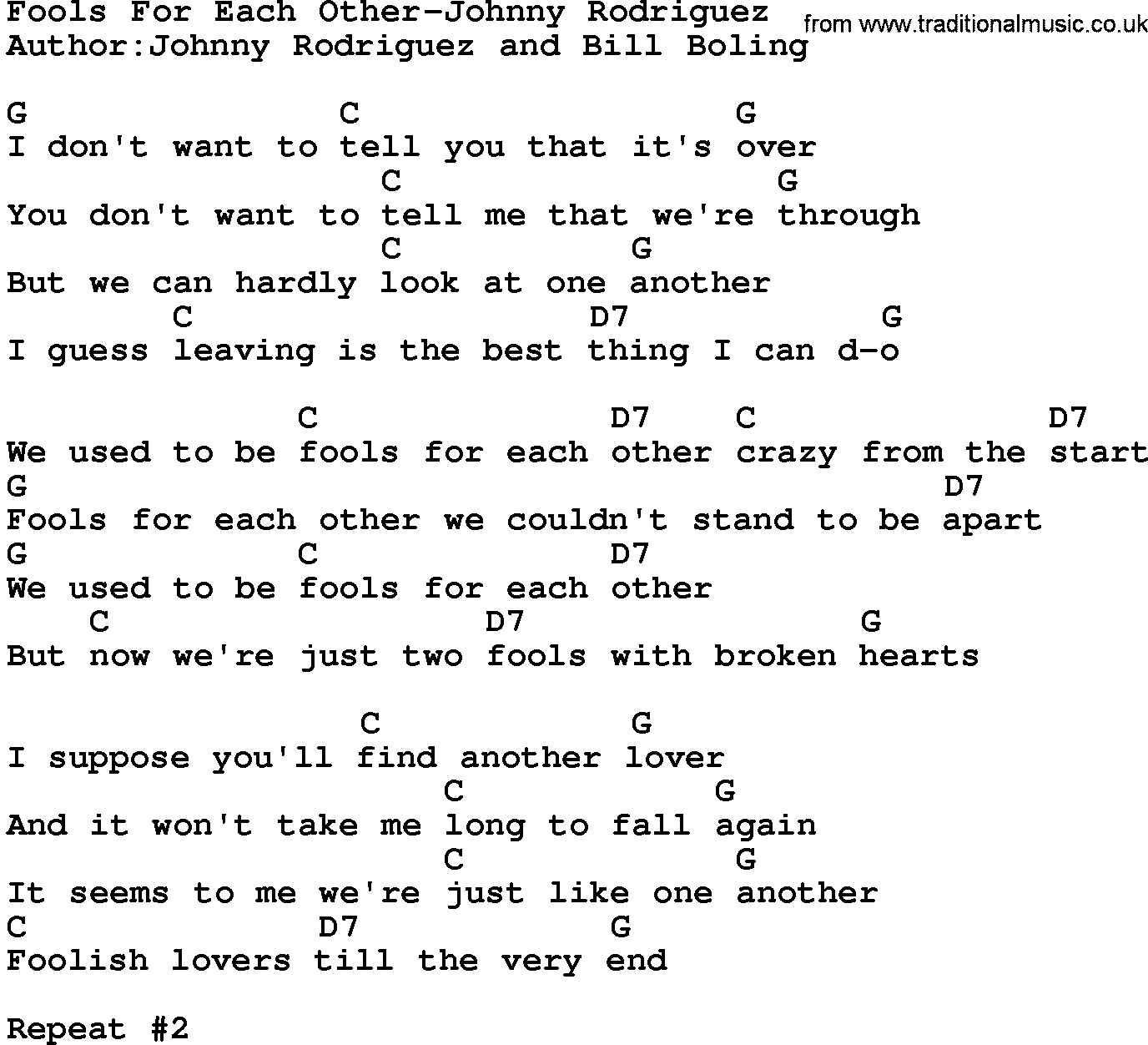 Country music song: Fools For Each Other-Johnny Rodriguez lyrics and chords