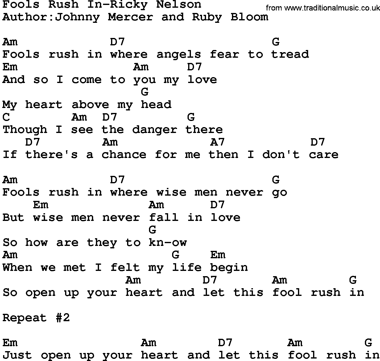 Country music song: Fools Rush In-Ricky Nelson lyrics and chords