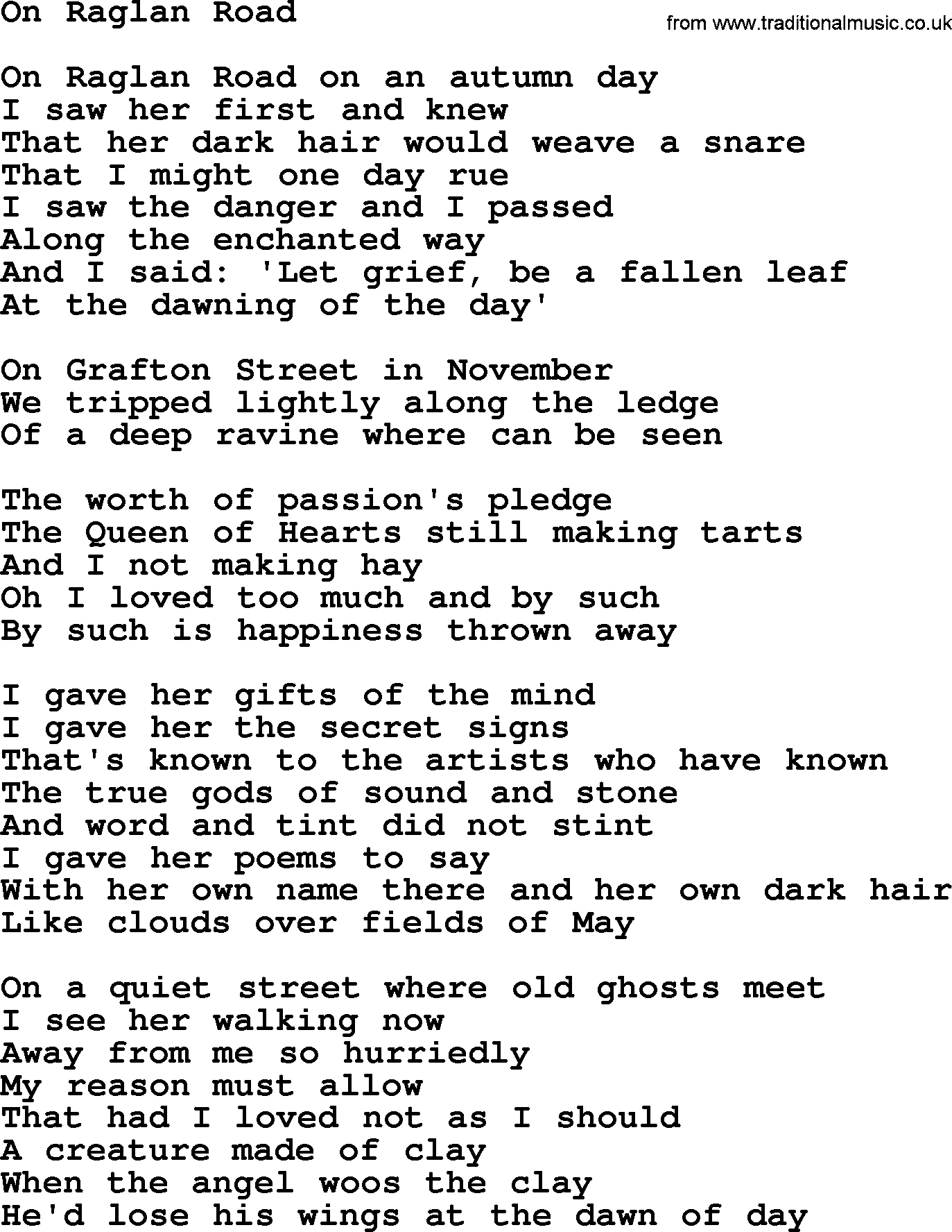 The Dubliners song: On Raglan Road, lyrics