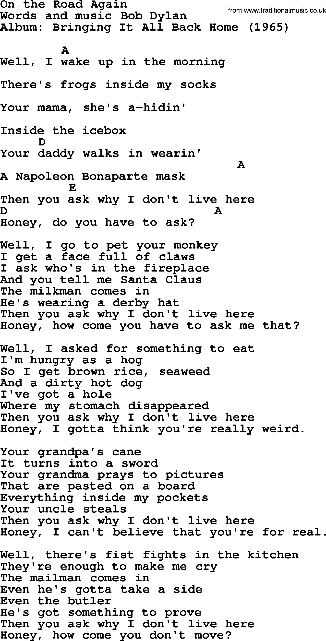 Bob Dylan song, lyrics with chords - On the Road Again