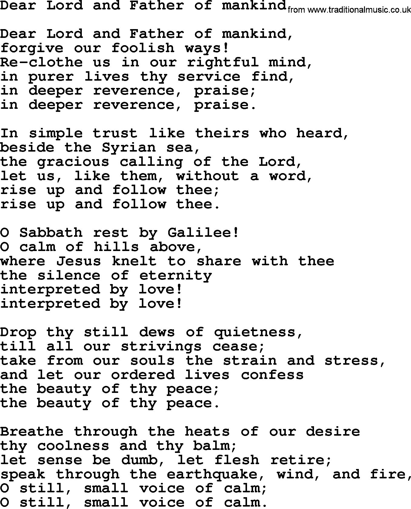 Epiphany Hymns, Hymn: Dear Lord And Father Of Mankind, lyrics with PDF
