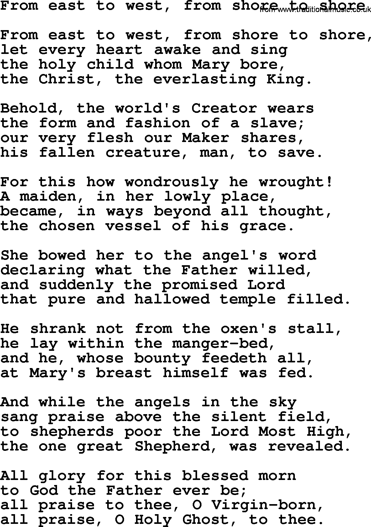 Epiphany Hymns, Hymn: From East To West, From Shore To Shore, lyrics with PDF