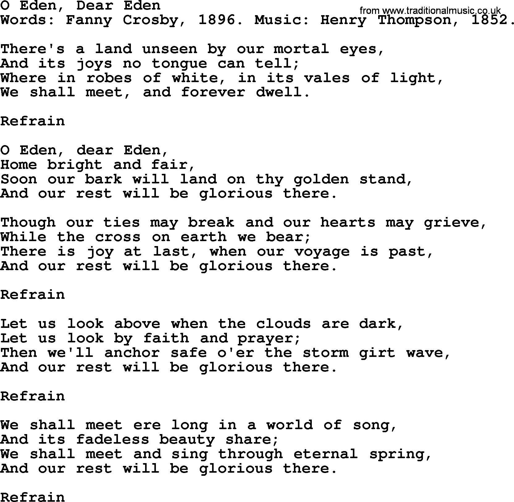 Fanny Crosby song: O Eden, Dear Eden, lyrics