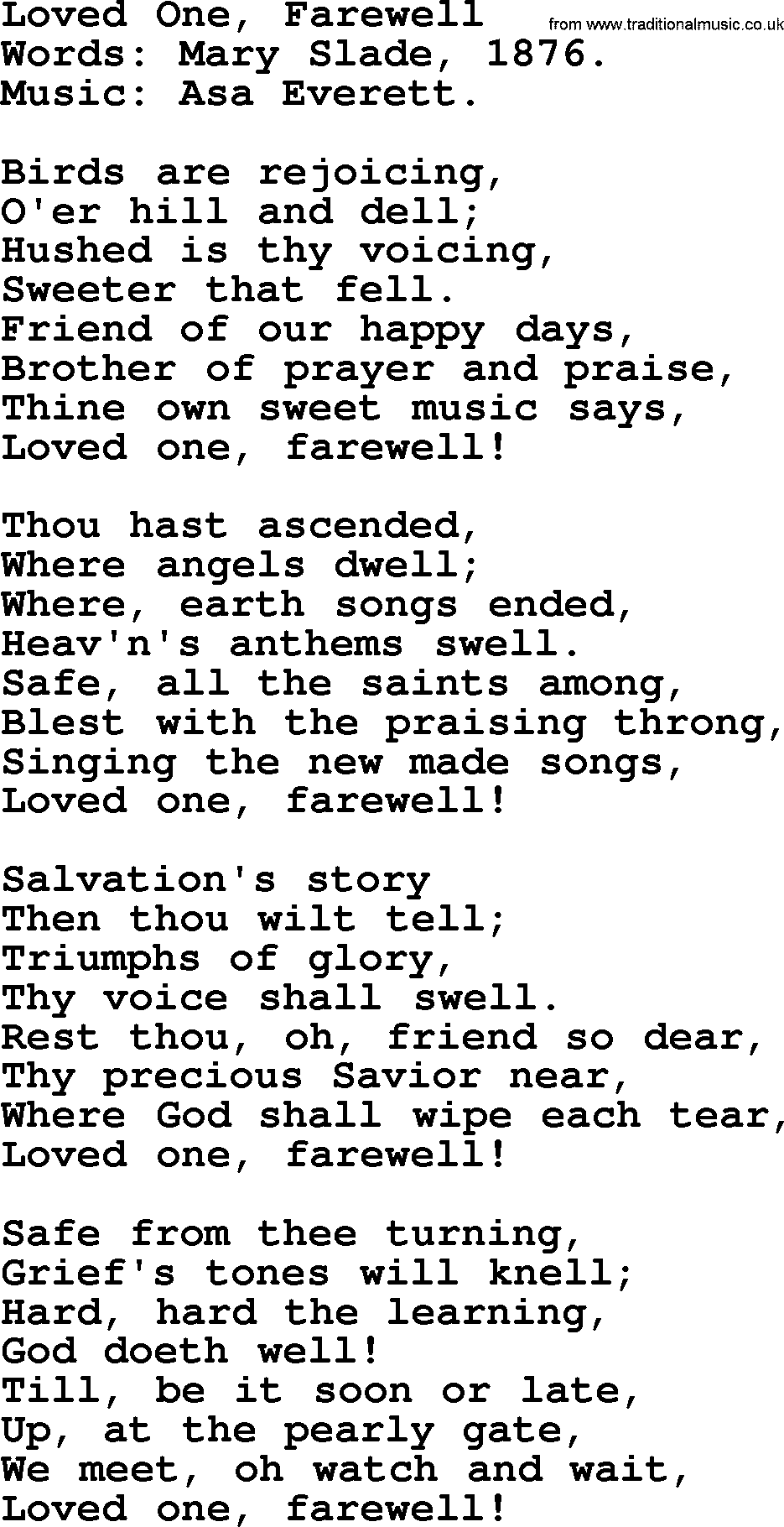 100+ Christian Funeral Hymns collection, Hymn: Loved One, Farewell, lyrics and PDF