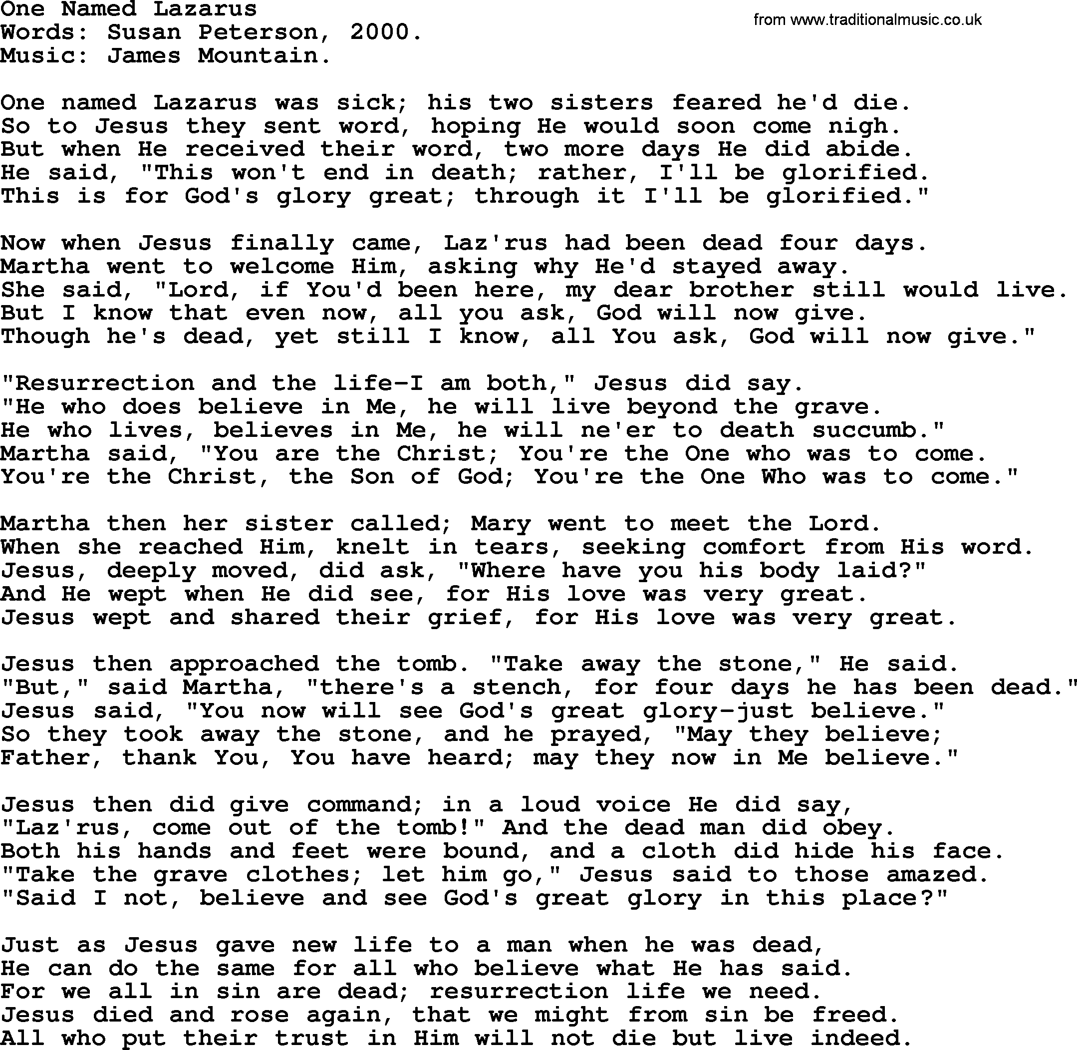 100+ Christian Funeral Hymns collection, Hymn: One Named Lazarus, lyrics and PDF
