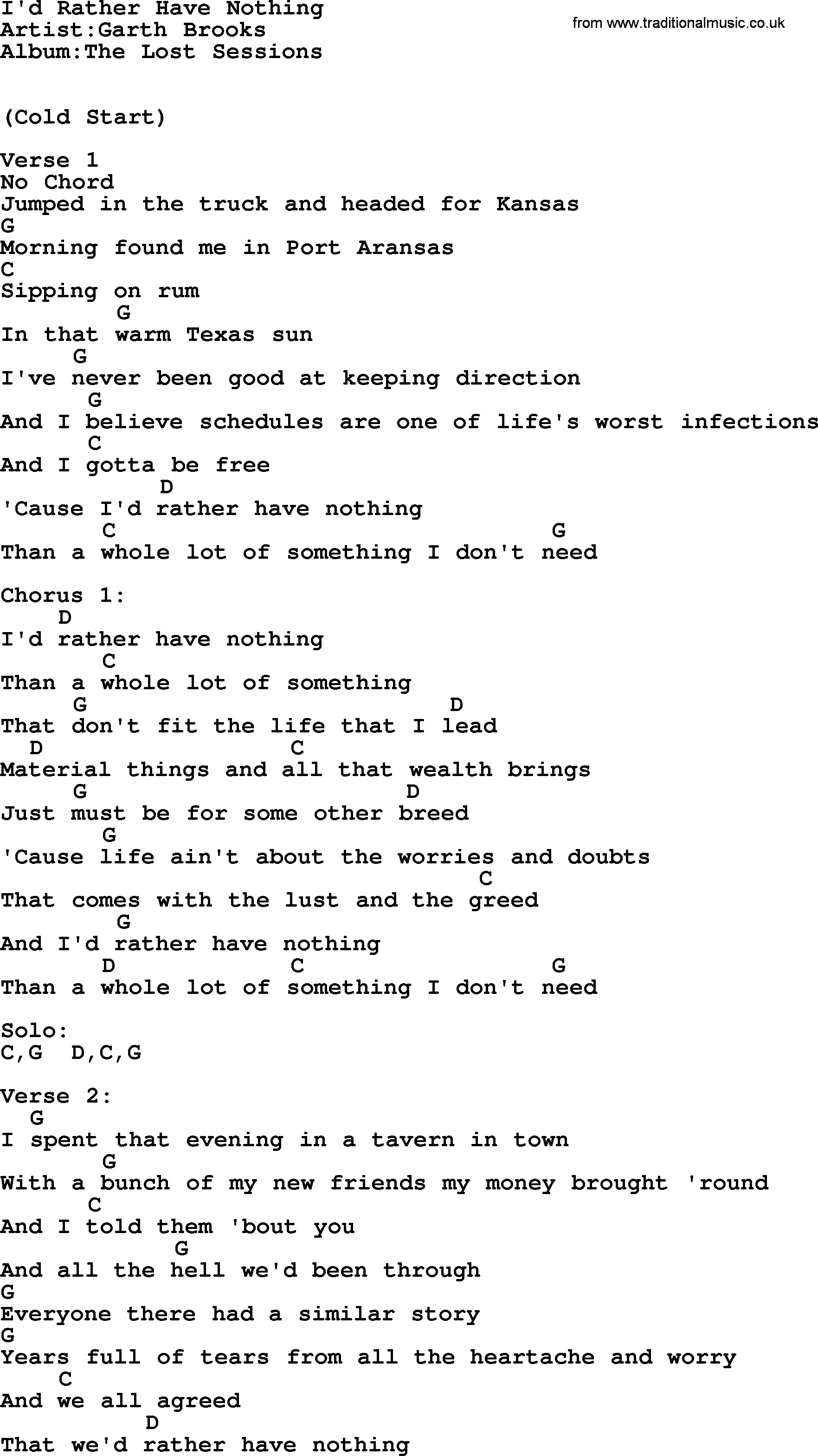 Garth Brooks song: I'd Rather Have Nothing, lyrics and chords