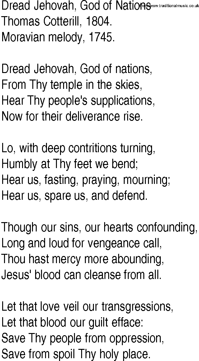 Hymn and Gospel Song: Dread Jehovah, God of Nations by Thomas Cotterill lyrics