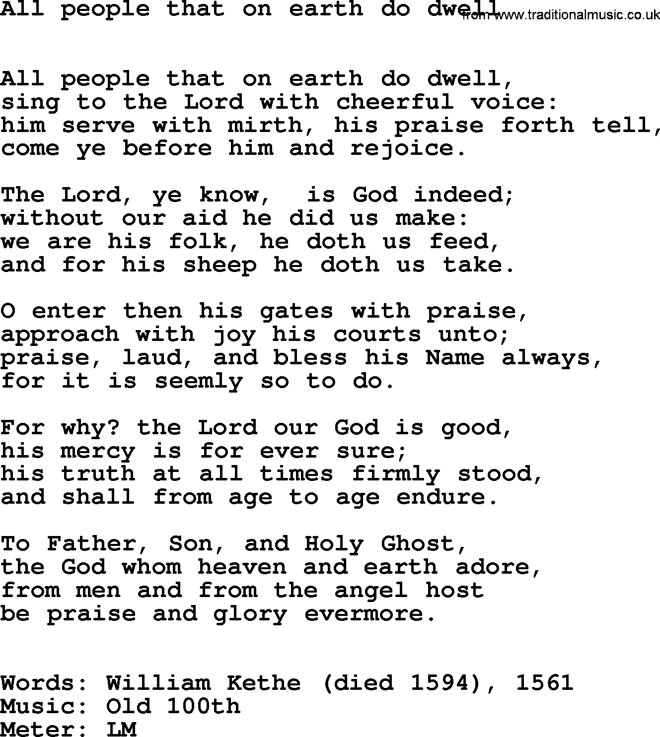 Hymns Ancient and Modern Hymn: All People That On Earth Do Dwell, lyrics with midi music