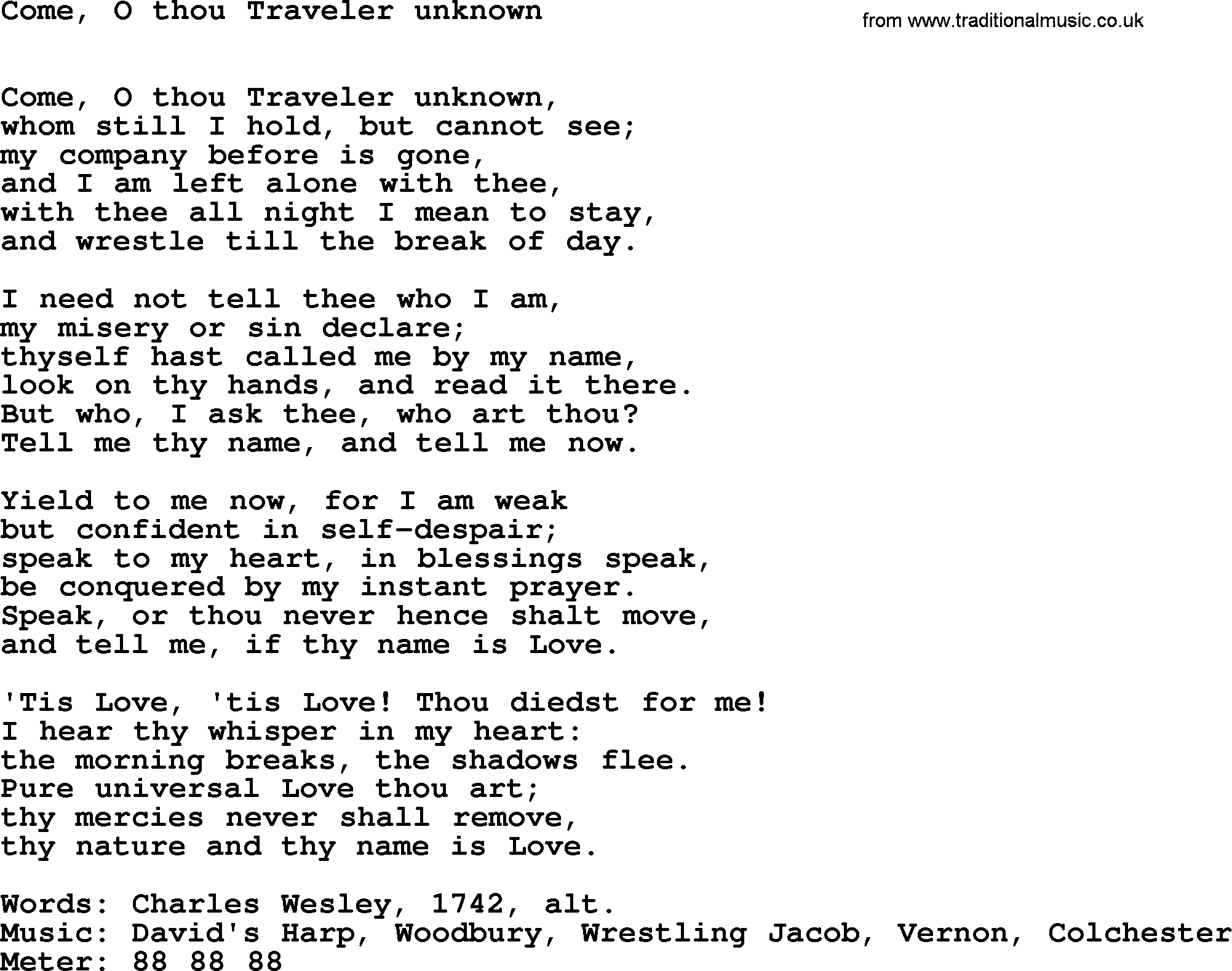 Hymns Ancient and Modern Hymn: Come, O Thou Traveler Unknown, lyrics with midi music