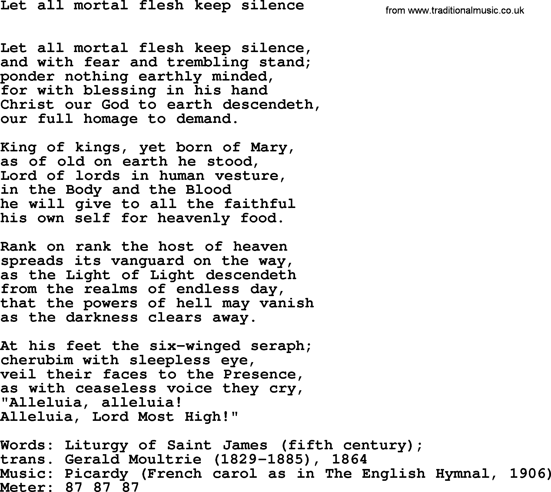 Hymns Ancient and Modern Hymn: Let All Mortal Flesh Keep Silence, lyrics with midi music