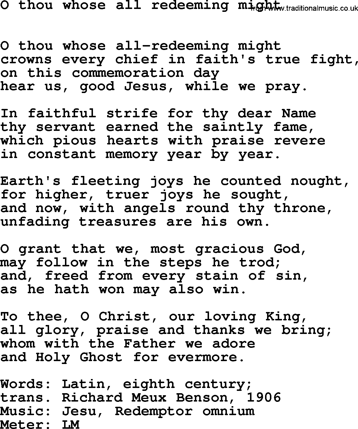 Hymns Ancient and Modern Hymn: O Thou Whose All Redeeming Might, lyrics with midi music