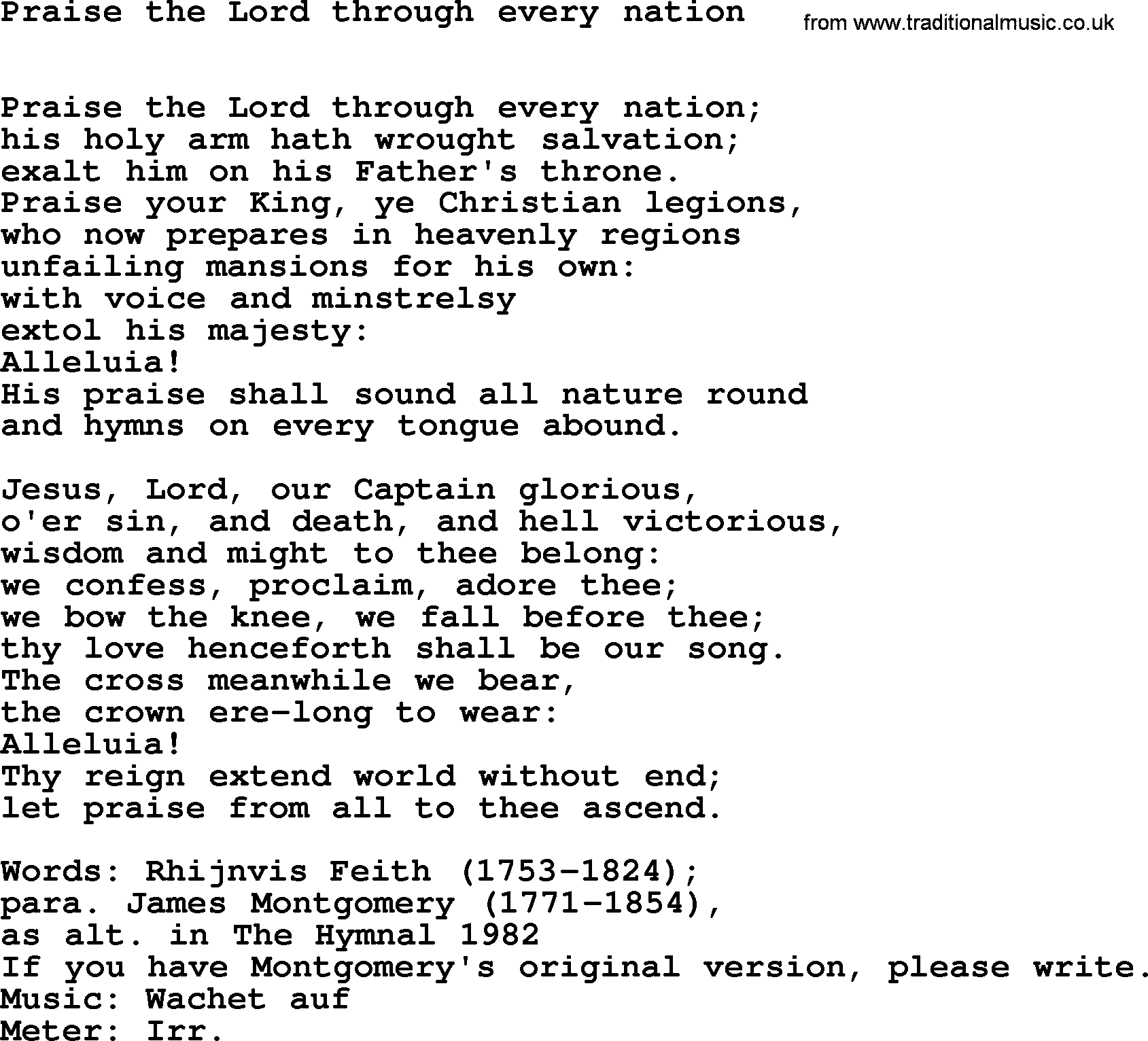 Hymns Ancient and Modern Hymn: Praise The Lord Through Every Nation, lyrics with midi music