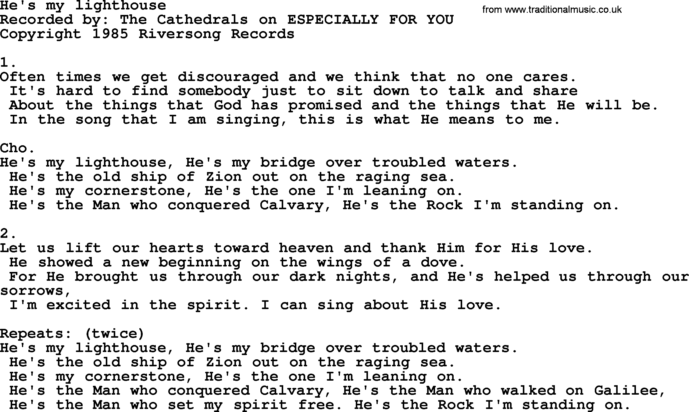 Apostolic & Pentecostal Hymns and Songs, Hymn: He's my lighthouse lyrics and PDF