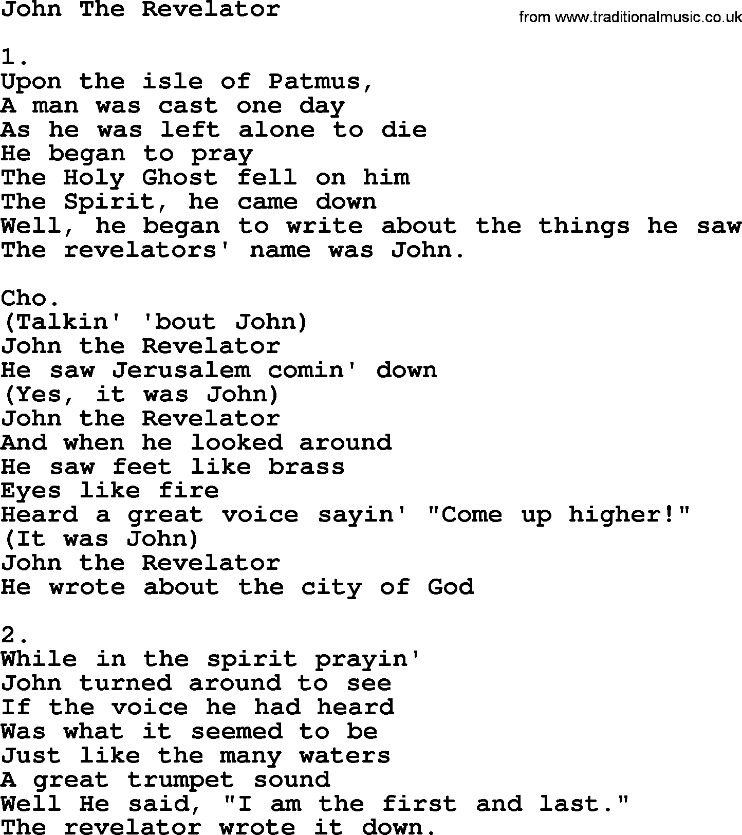 Apostolic & Pentecostal Hymns and Songs, Hymn: John The Revelator lyrics and PDF