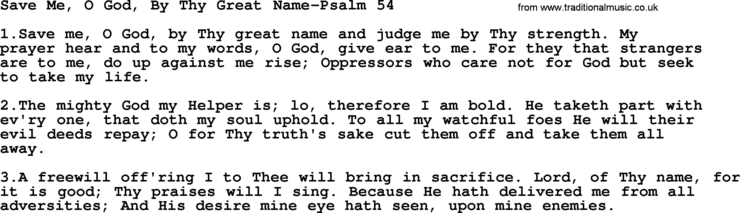 Hymns from the Psalms, Hymn: Save Me, O God, By Thy Great Name-Psalm 54, lyrics with PDF