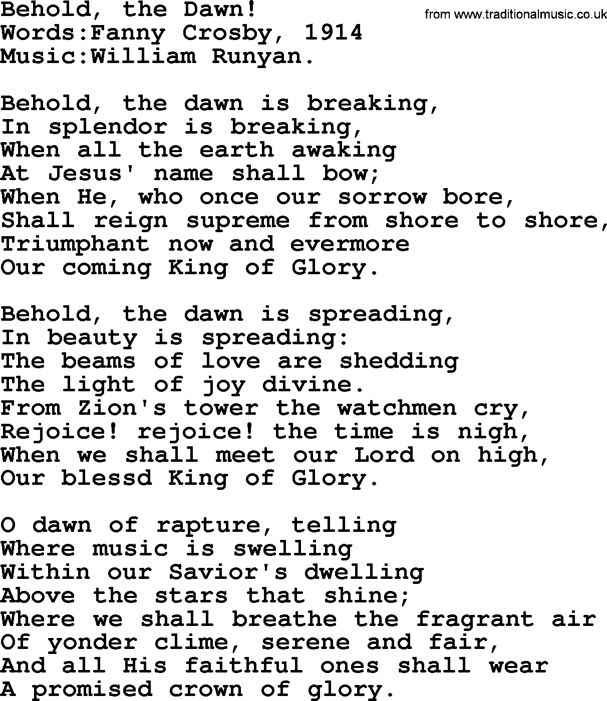 Christian hymns and songs about Jesus' Return(The Second Coming): Behold, The Dawn!, lyrics with PDF