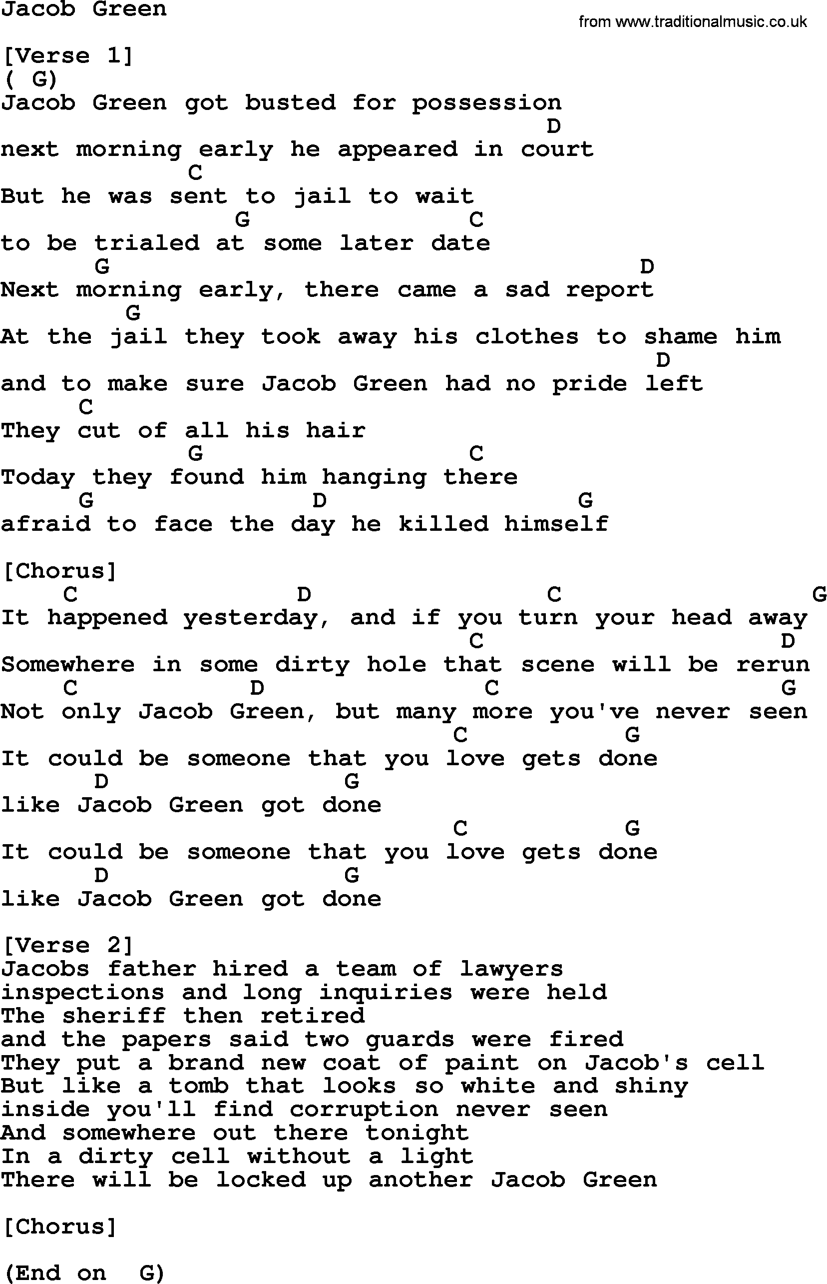 Johnny Cash song Jacob Green, lyrics and chords