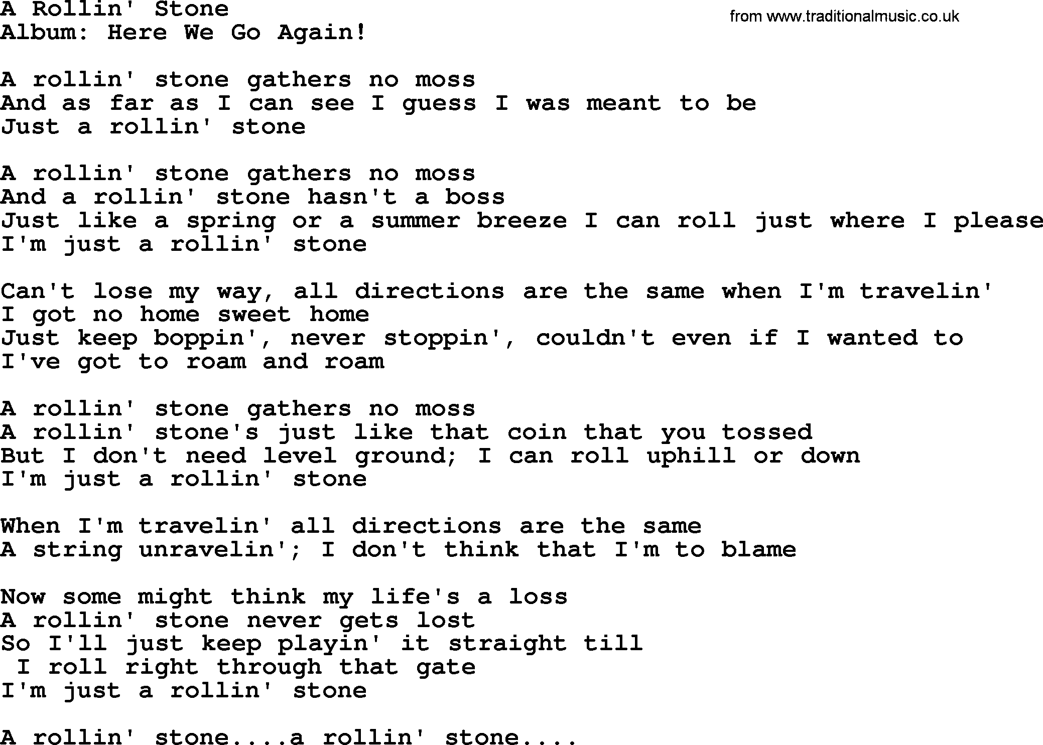Kingston Trio song A Rollin' Stone, lyrics