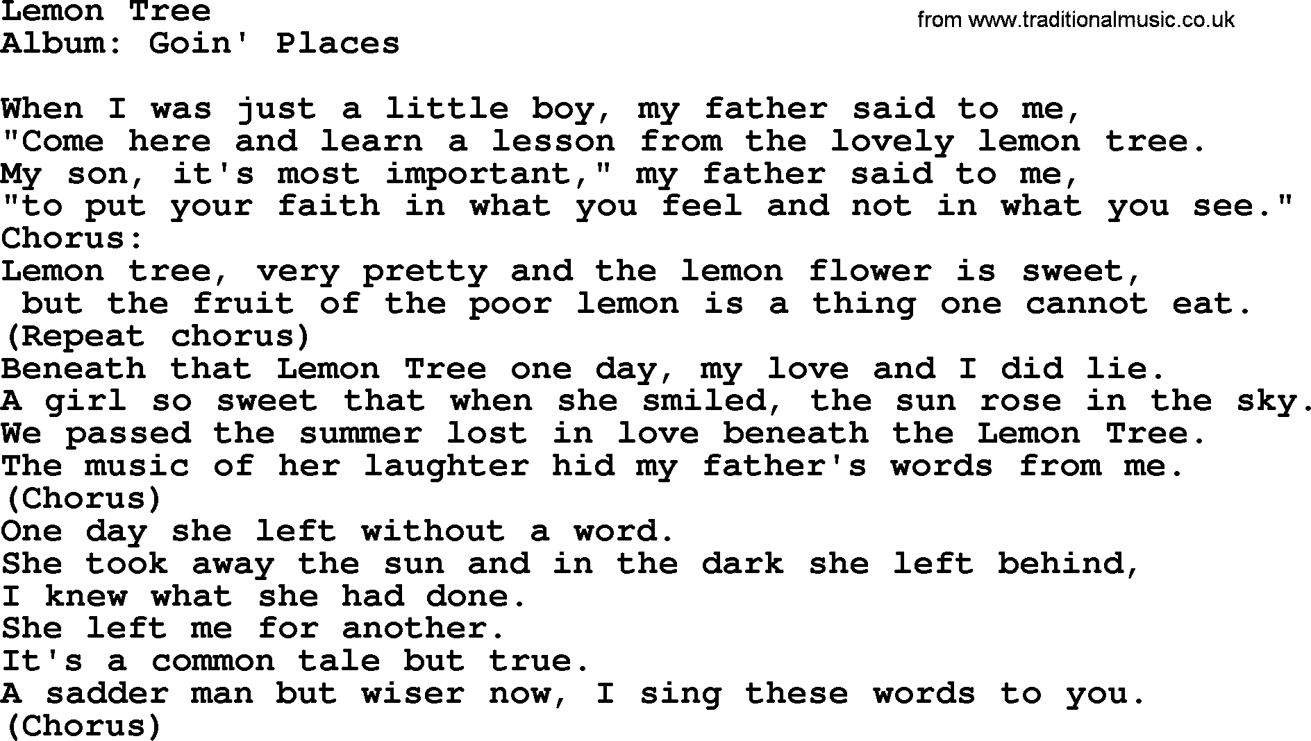 Kingston Trio song Lemon Tree, lyrics