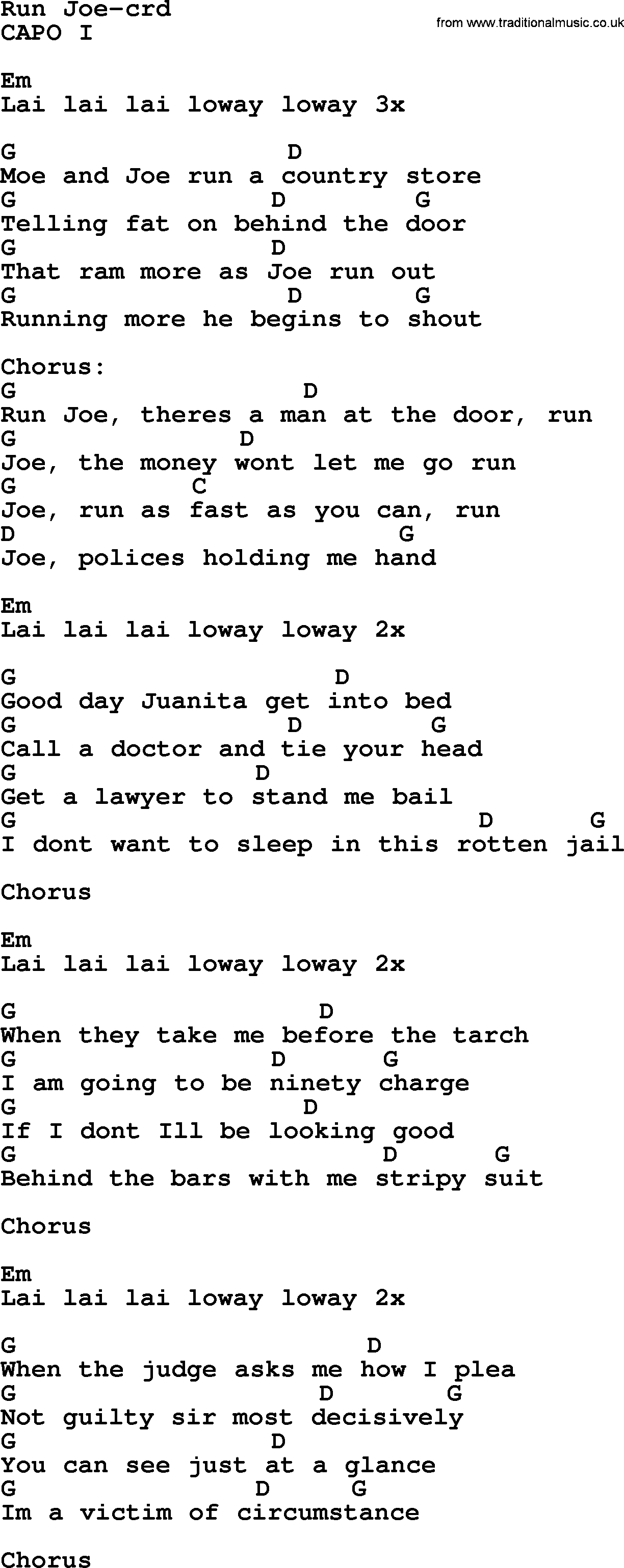 Kingston Trio song Run Joe, lyrics and chords