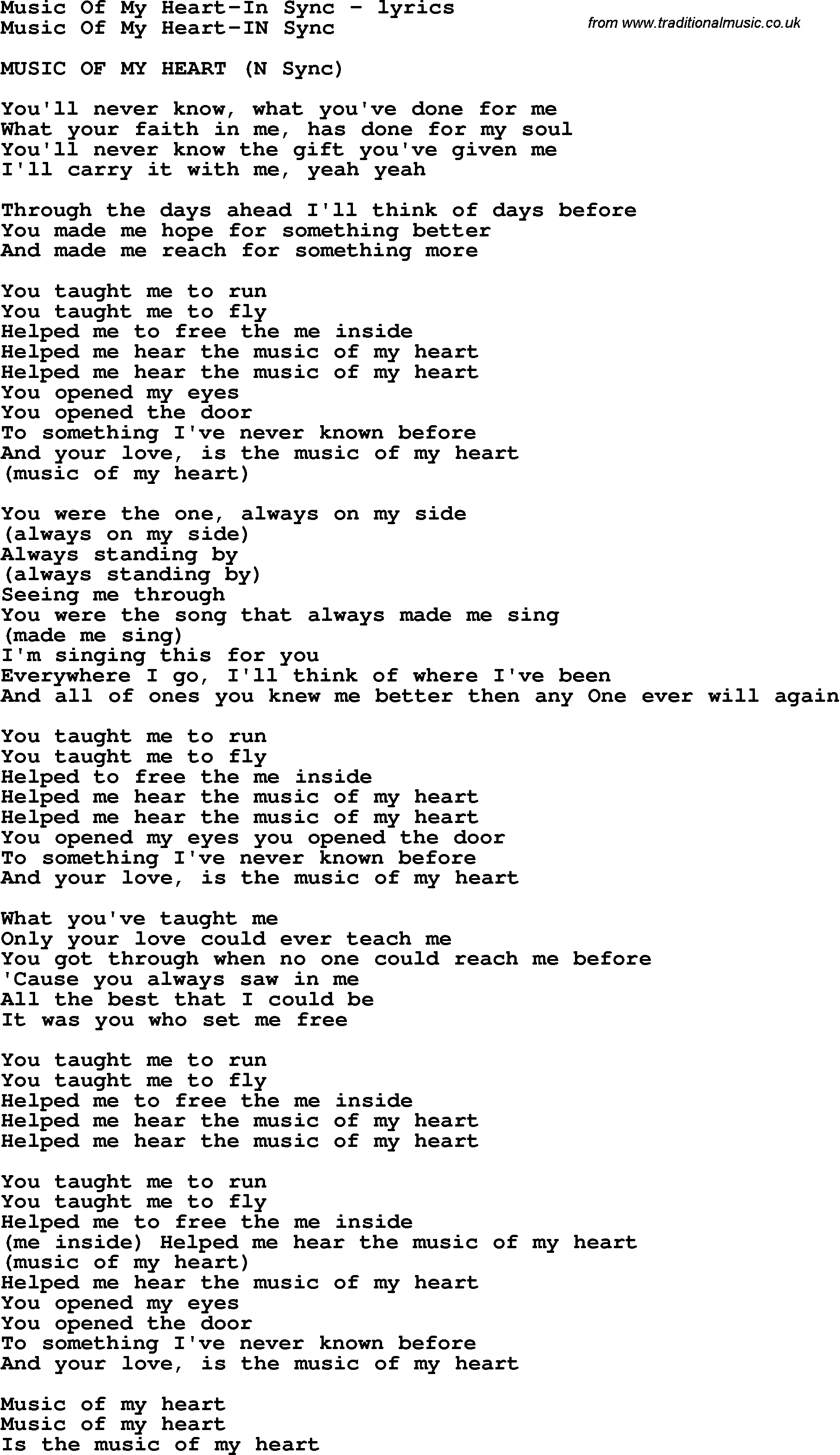 Love Song Lyrics for: Music Of My Heart-In Sync