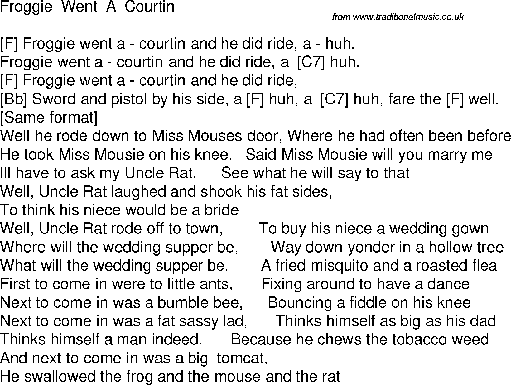 Old time song lyrics with chords for Froggie Went A Courtin F