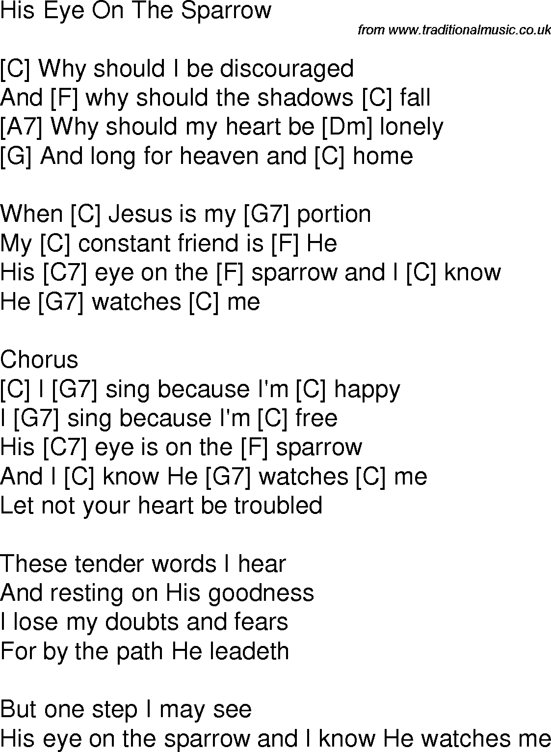 Old time song lyrics with chords for His Eye Is On The Sparrow C
