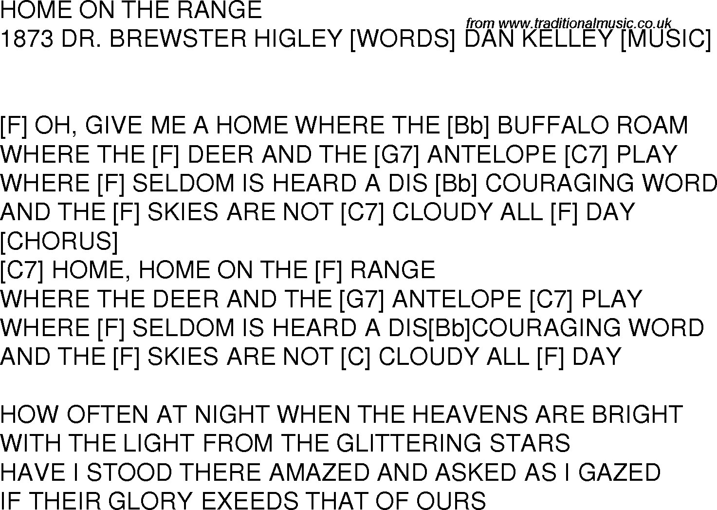 Old time song lyrics with chords for Home On The Range F