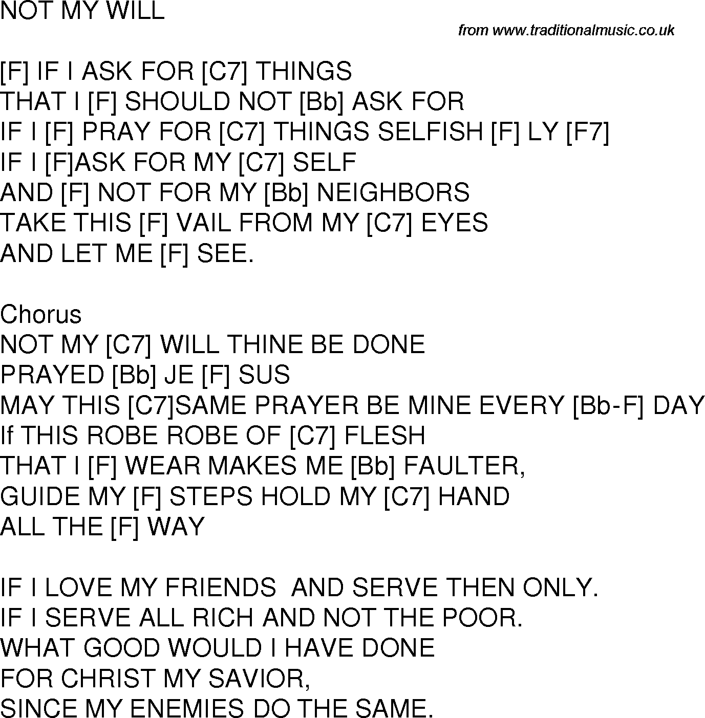 Old time song lyrics with chords for Not My Will Thine Be Done F