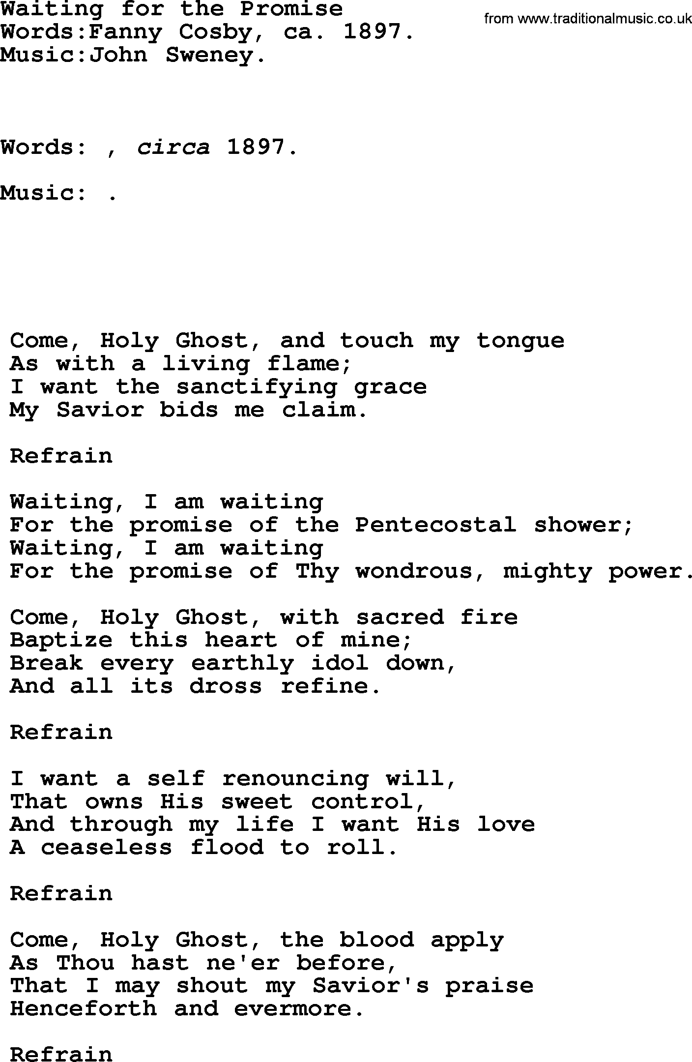 Pentacost Hymns, Hymn: Waiting For The Promise, lyrics with PDF