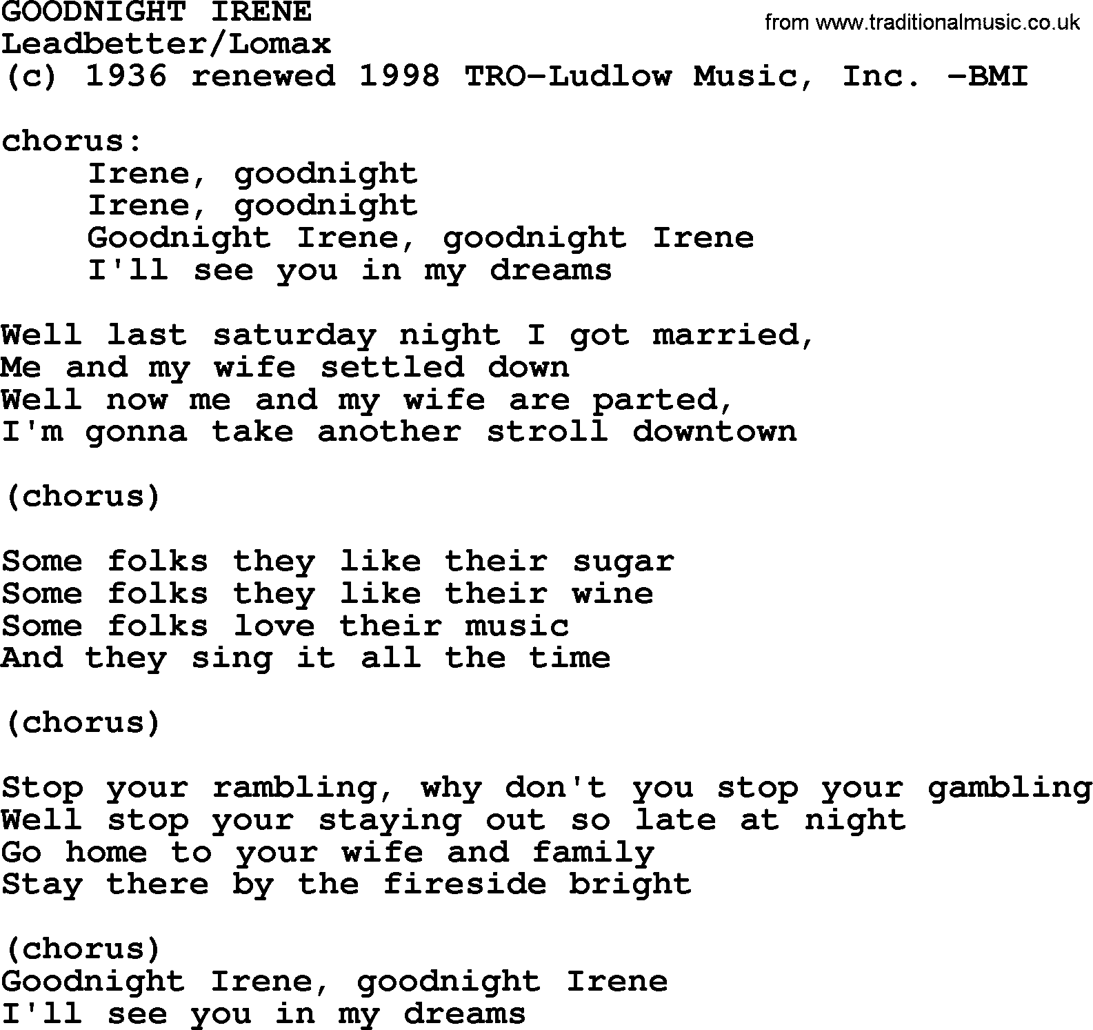 Peter, Paul and Mary song Goodnight Irene lyrics