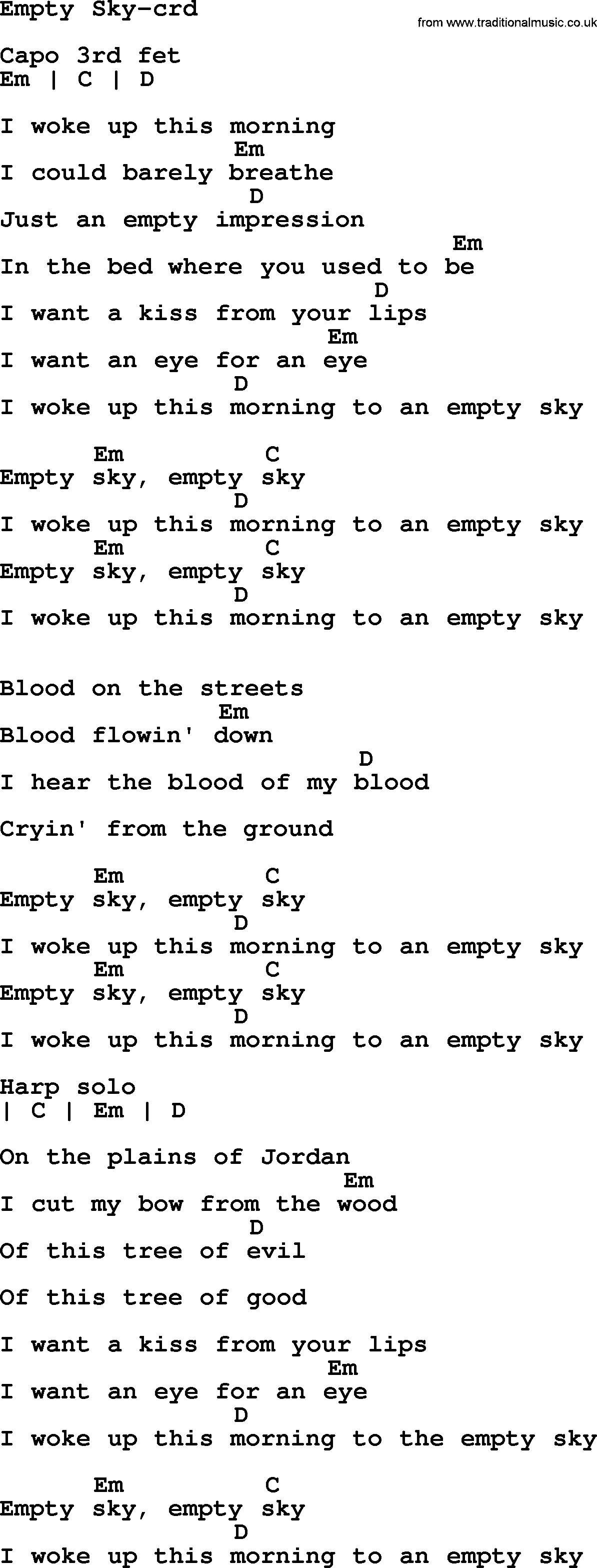 Bruce Springsteen song: Empty Sky, lyrics and chords