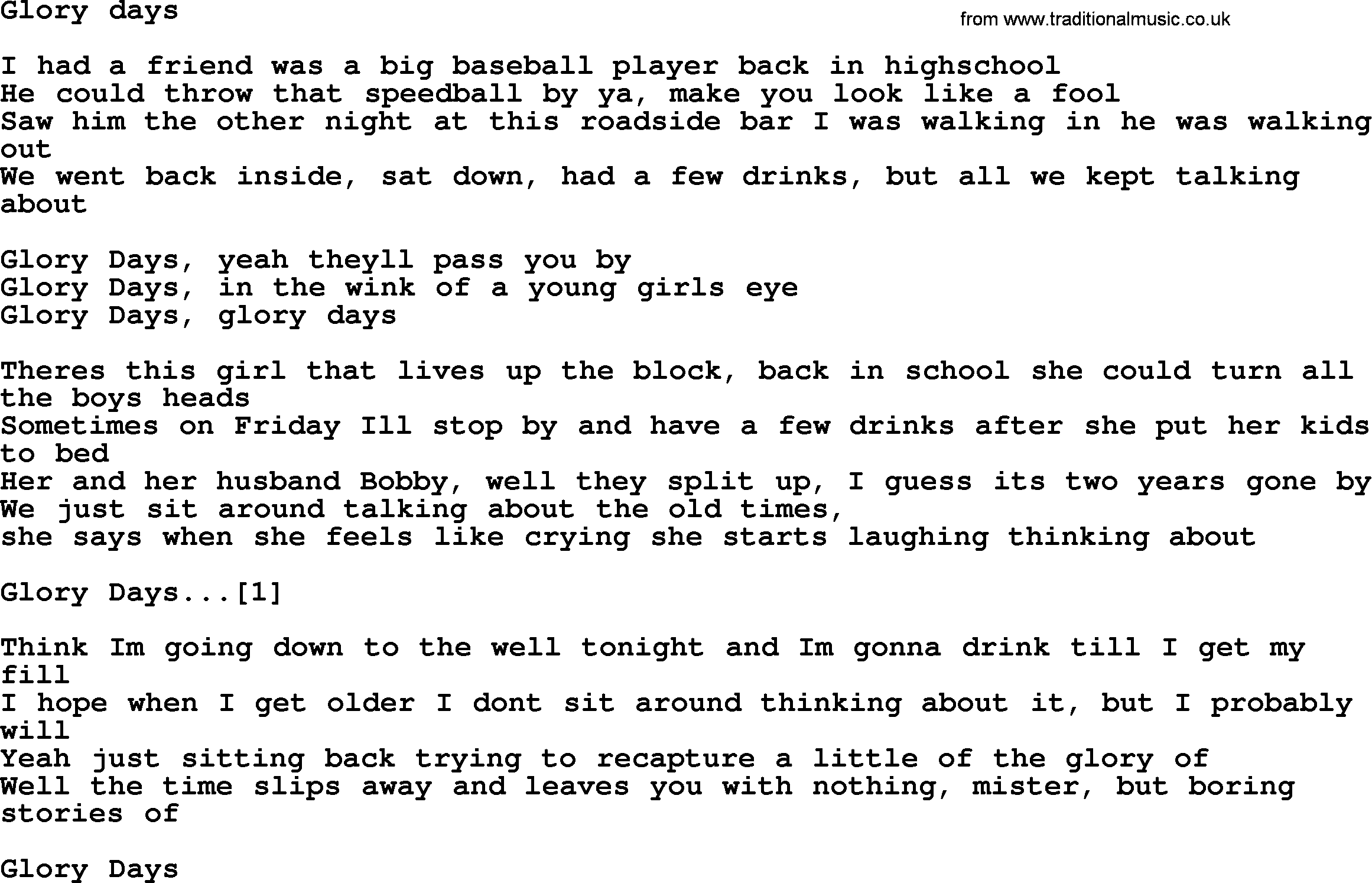Bruce Springsteen song: Glory Days lyrics