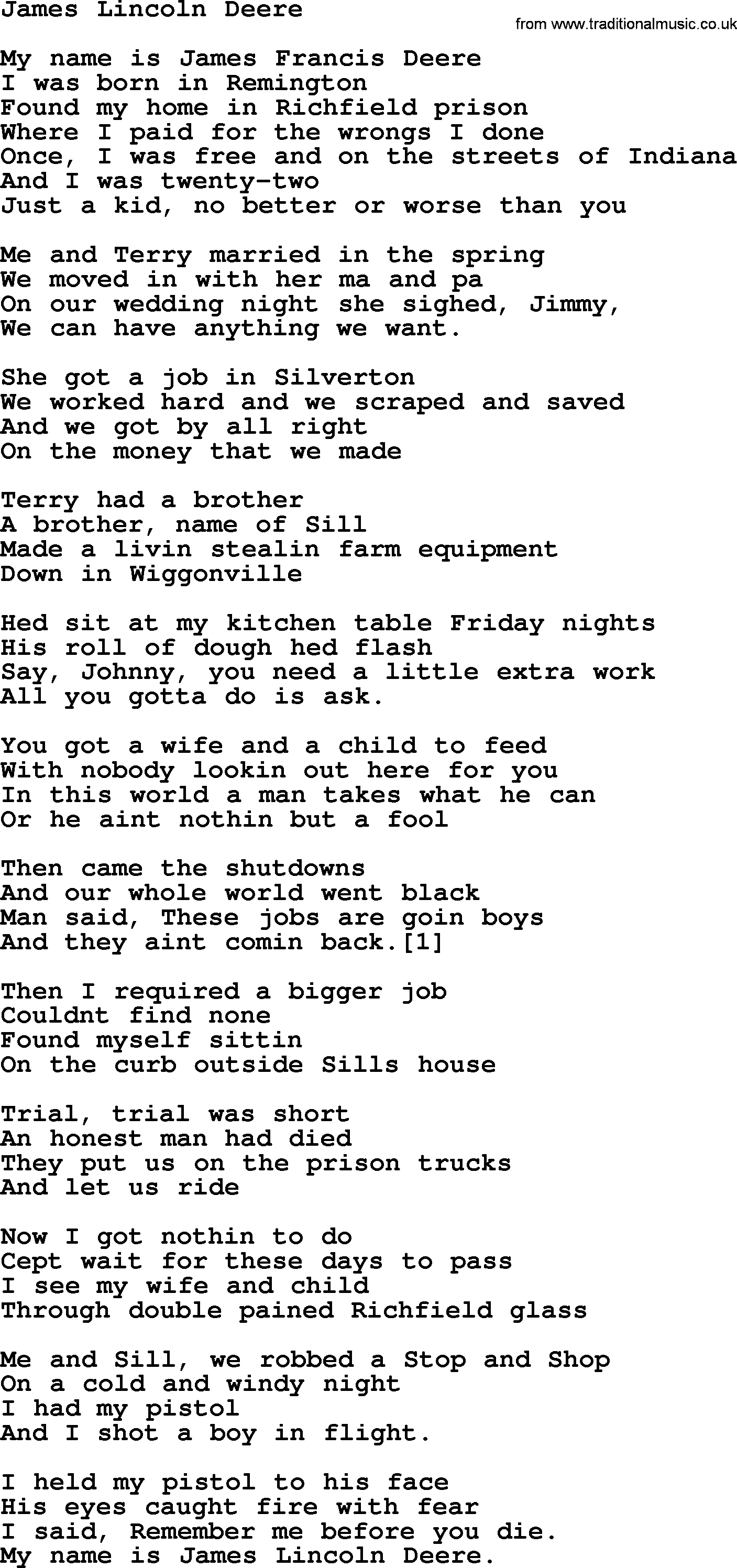 Bruce Springsteen song: James Lincoln Deere lyrics