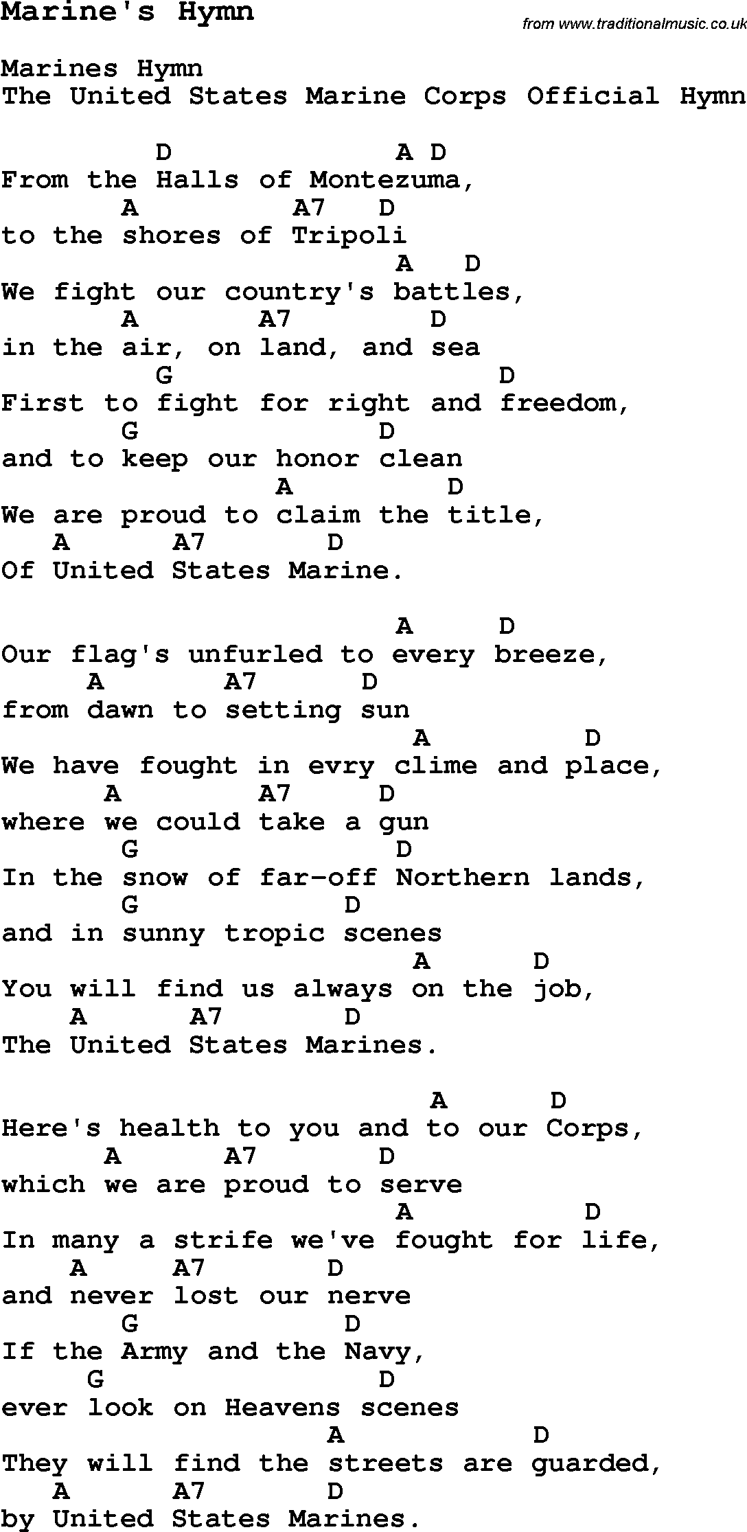 Summer-Camp Song, Marine's Hymn, with lyrics and chords for Ukulele, Guitar Banjo etc.