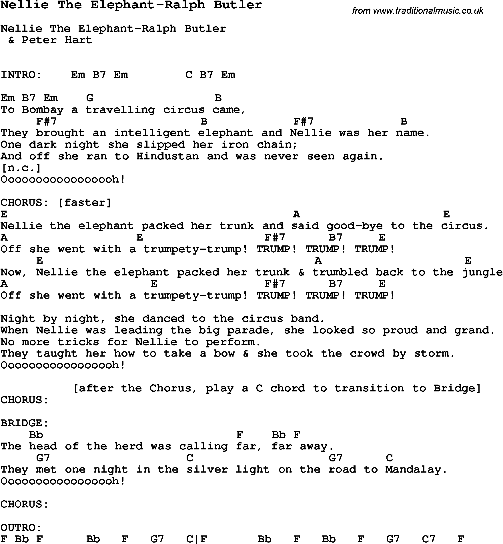Summer-Camp Song, Nellie The Elephant-Ralph Butler, with lyrics and chords for Ukulele, Guitar Banjo etc.