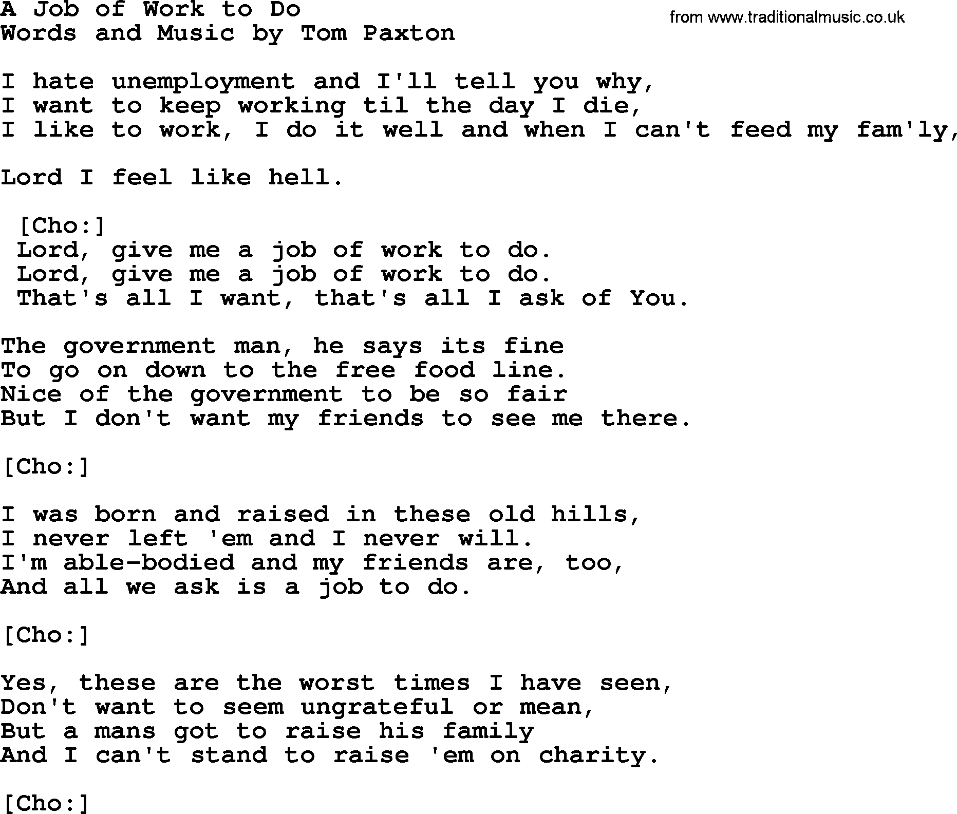Tom Paxton song: A Job Of Work To Do, lyrics
