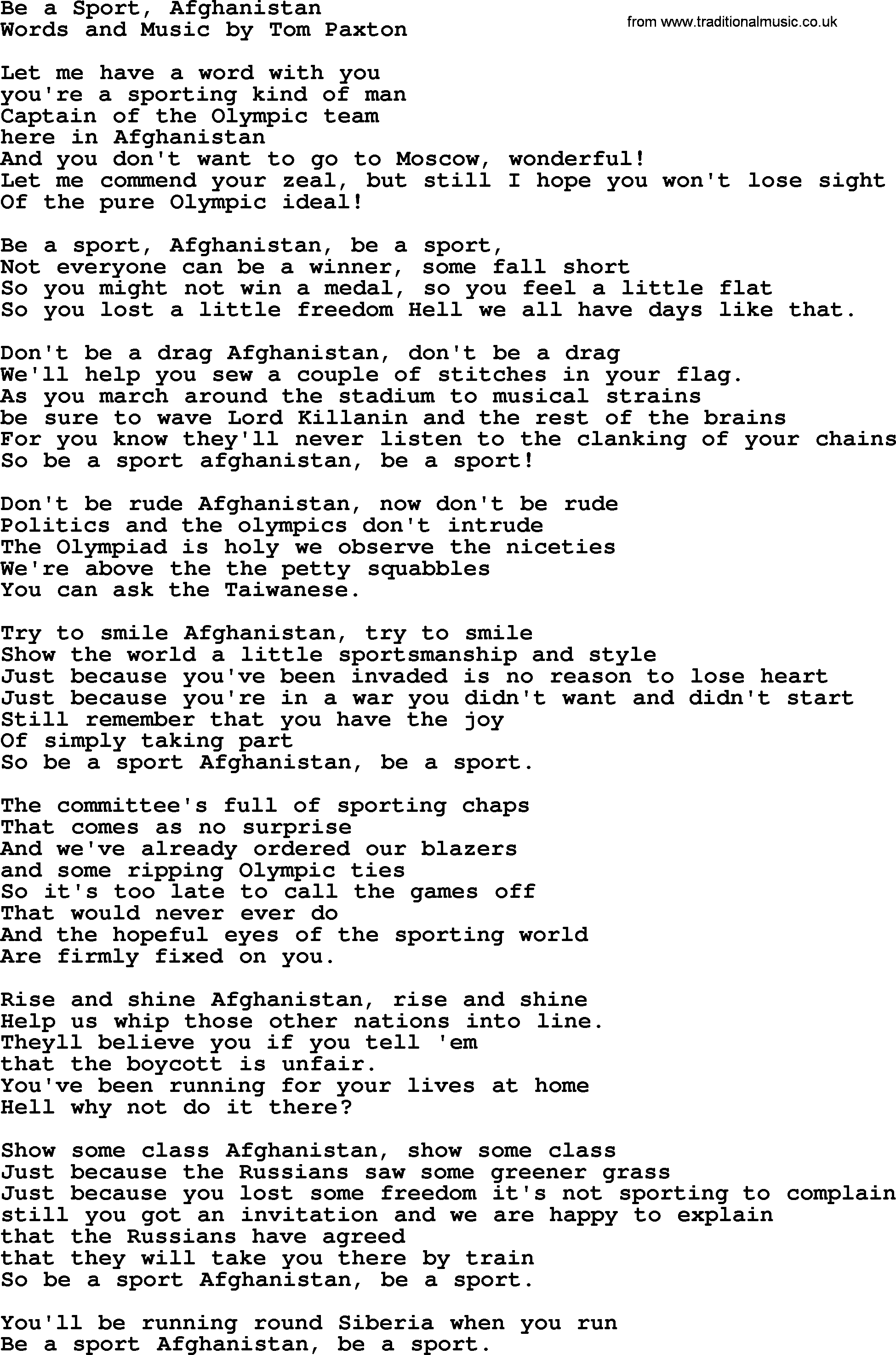 Tom Paxton song: Be A Sport, Afghanistan, lyrics