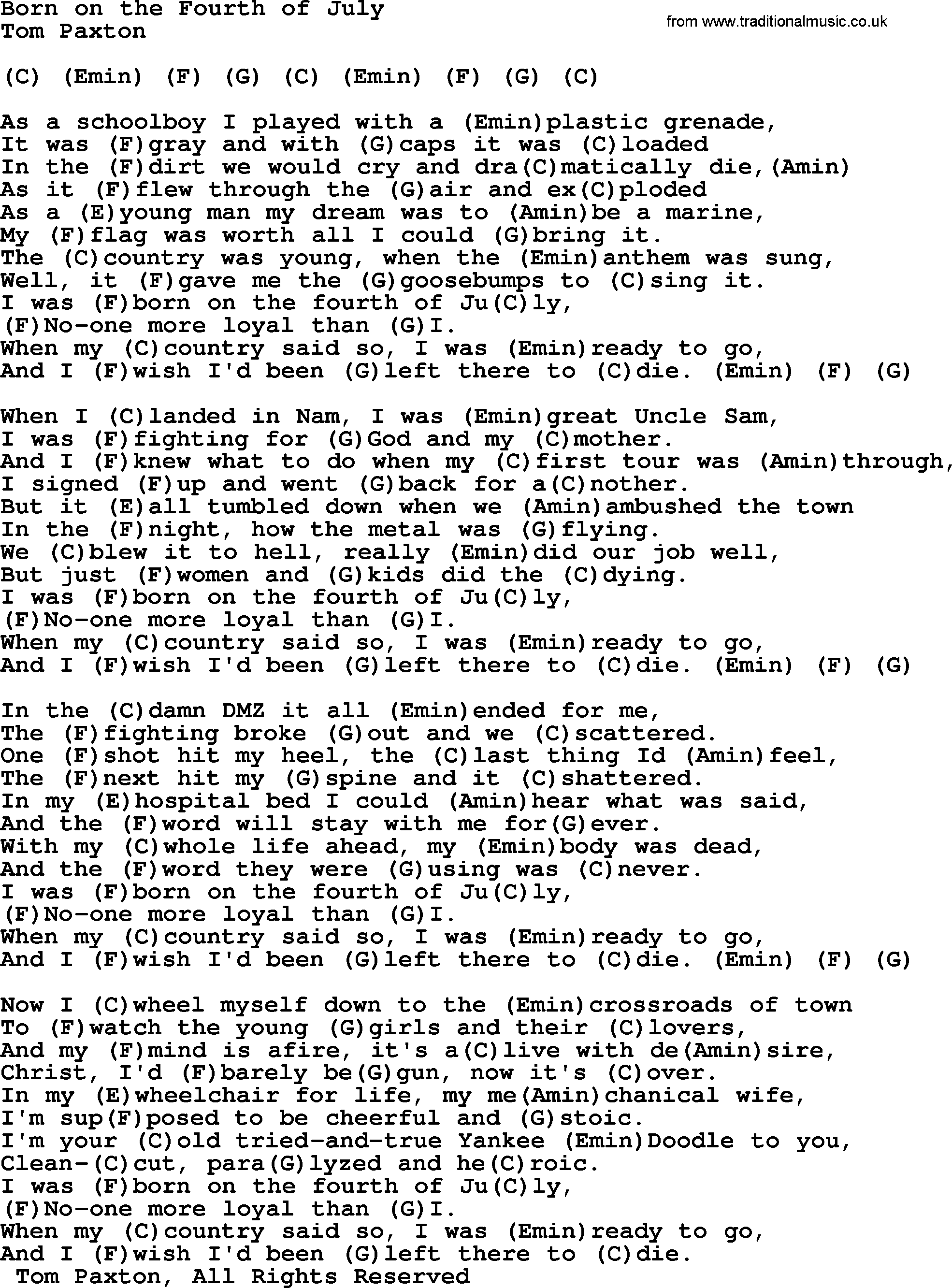 Tom Paxton song: Born On The Fourth Of July, lyrics and chords