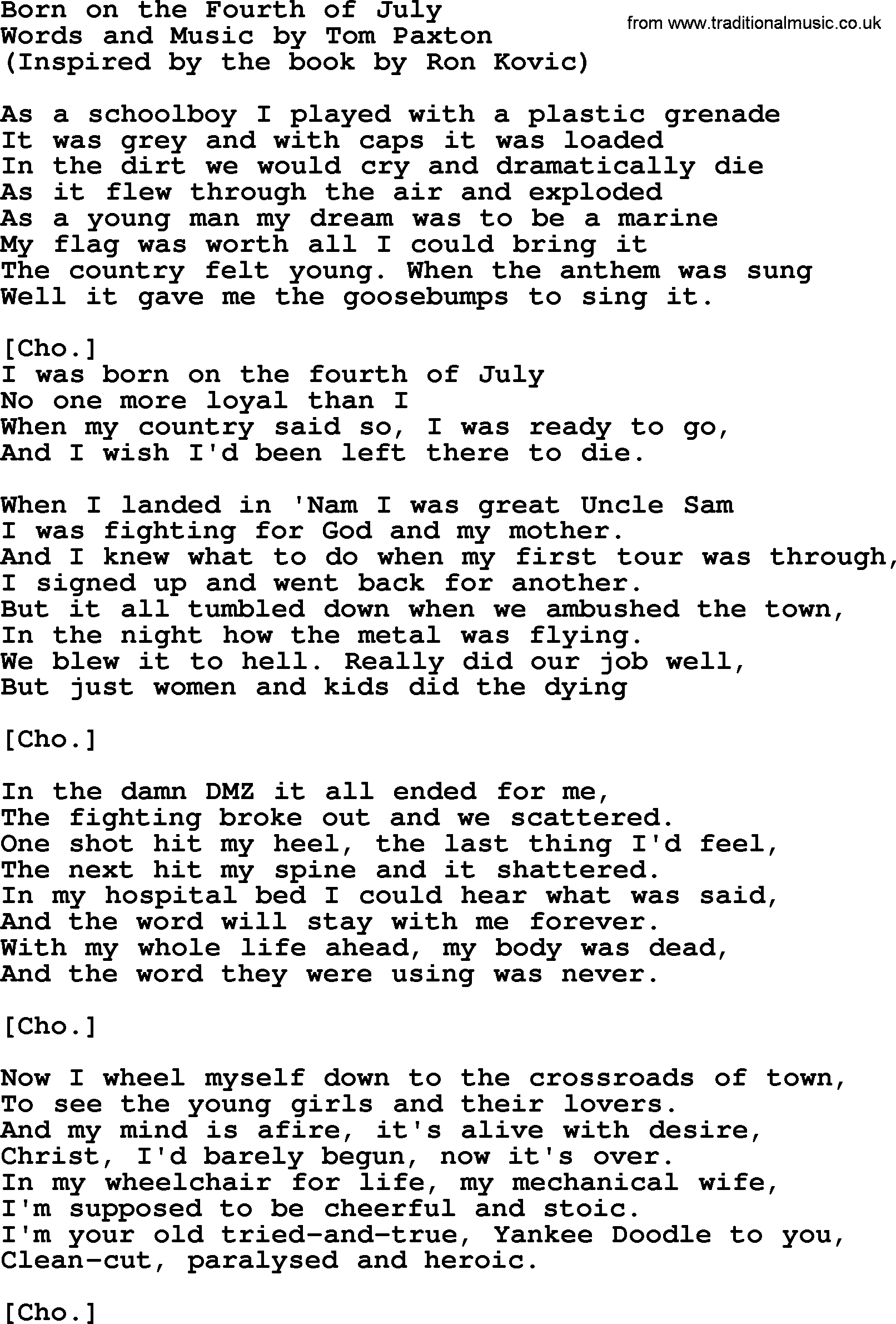 Tom Paxton song: Born On The Fourth Of July, lyrics
