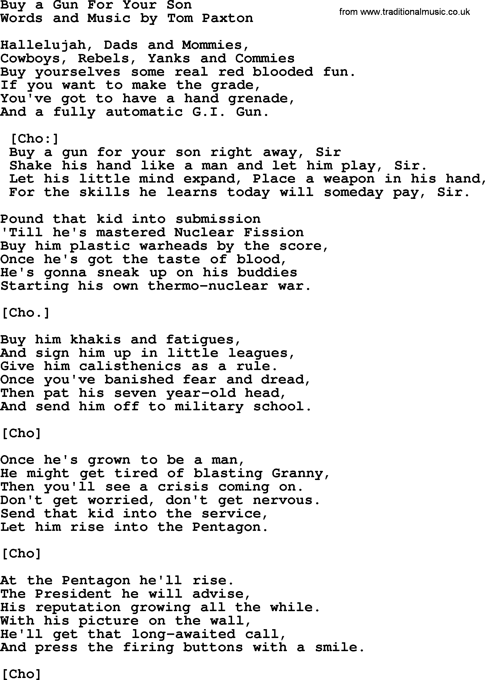 Tom Paxton song: Buy A Gun For Your Son, lyrics