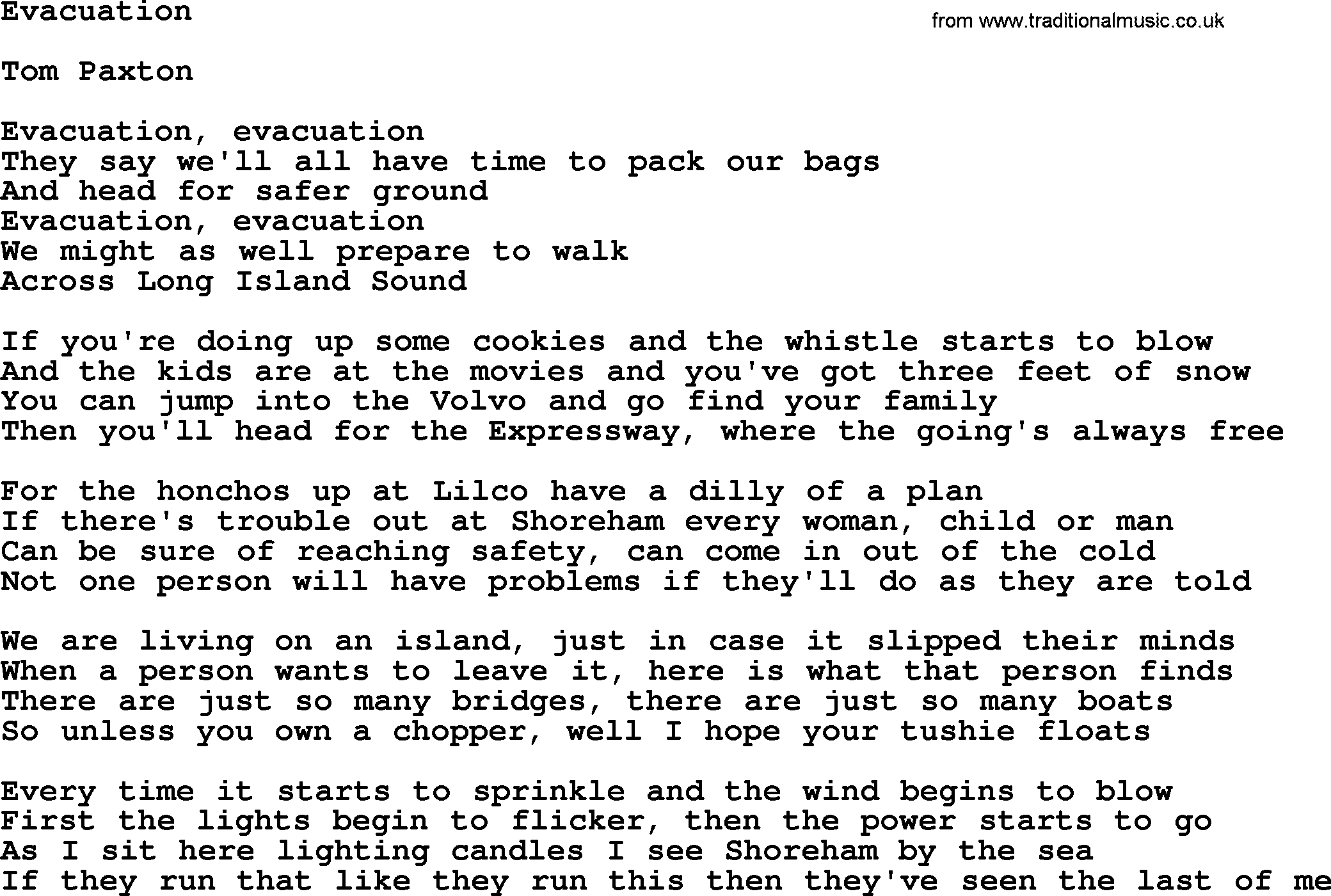 Tom Paxton song: Evacuation, lyrics
