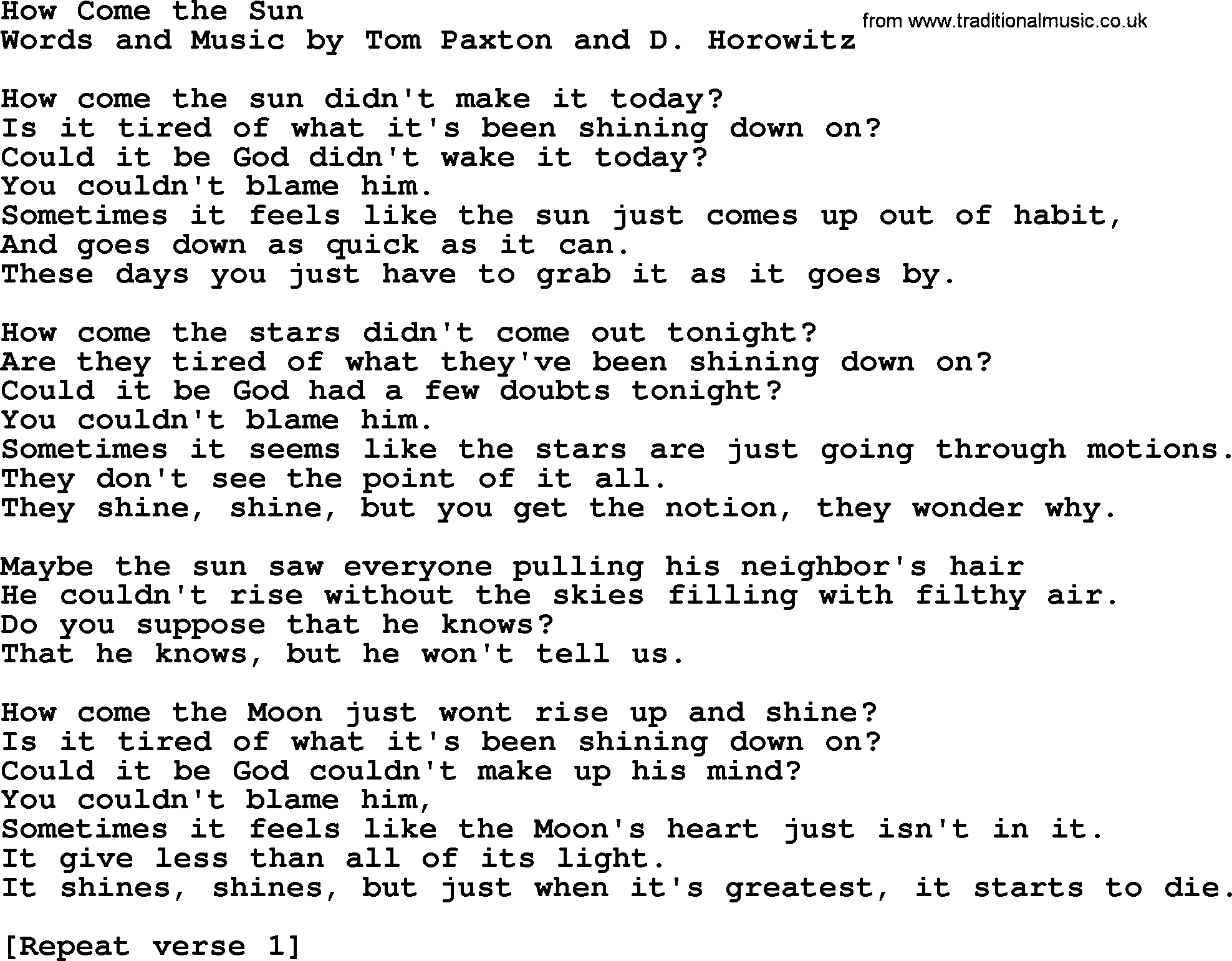 Tom Paxton song: How Come The Sun, lyrics