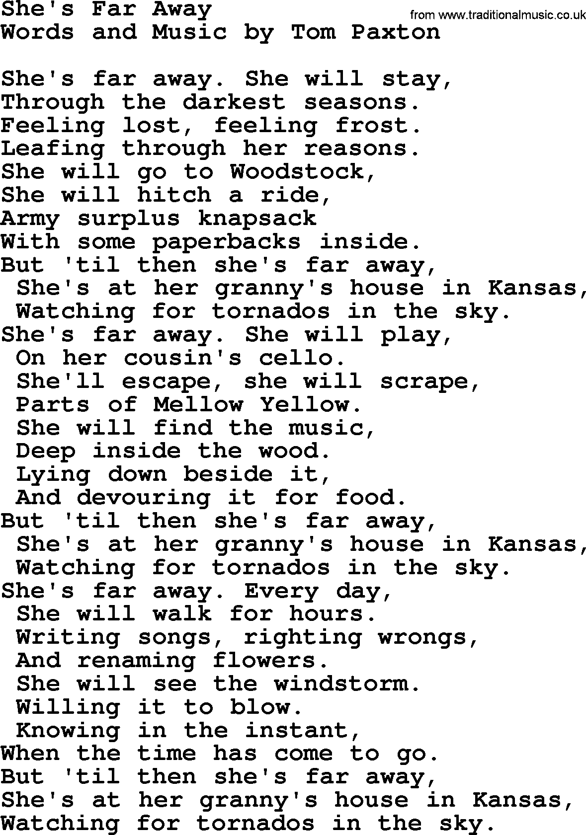 Tom Paxton song: She's Far Away, lyrics