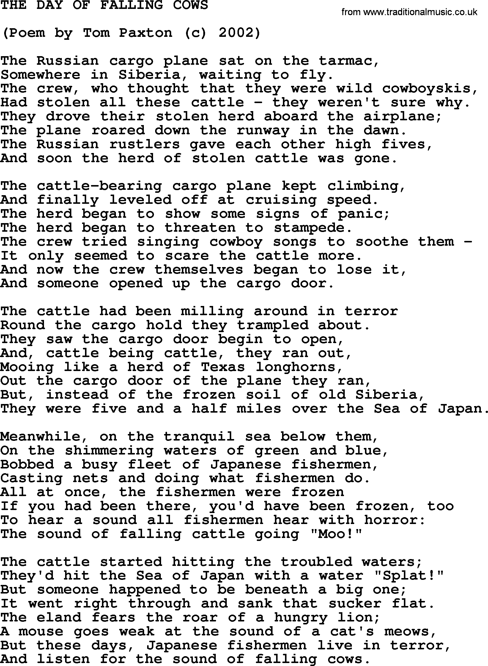 Tom Paxton song: The Day Of Falling Cows, lyrics