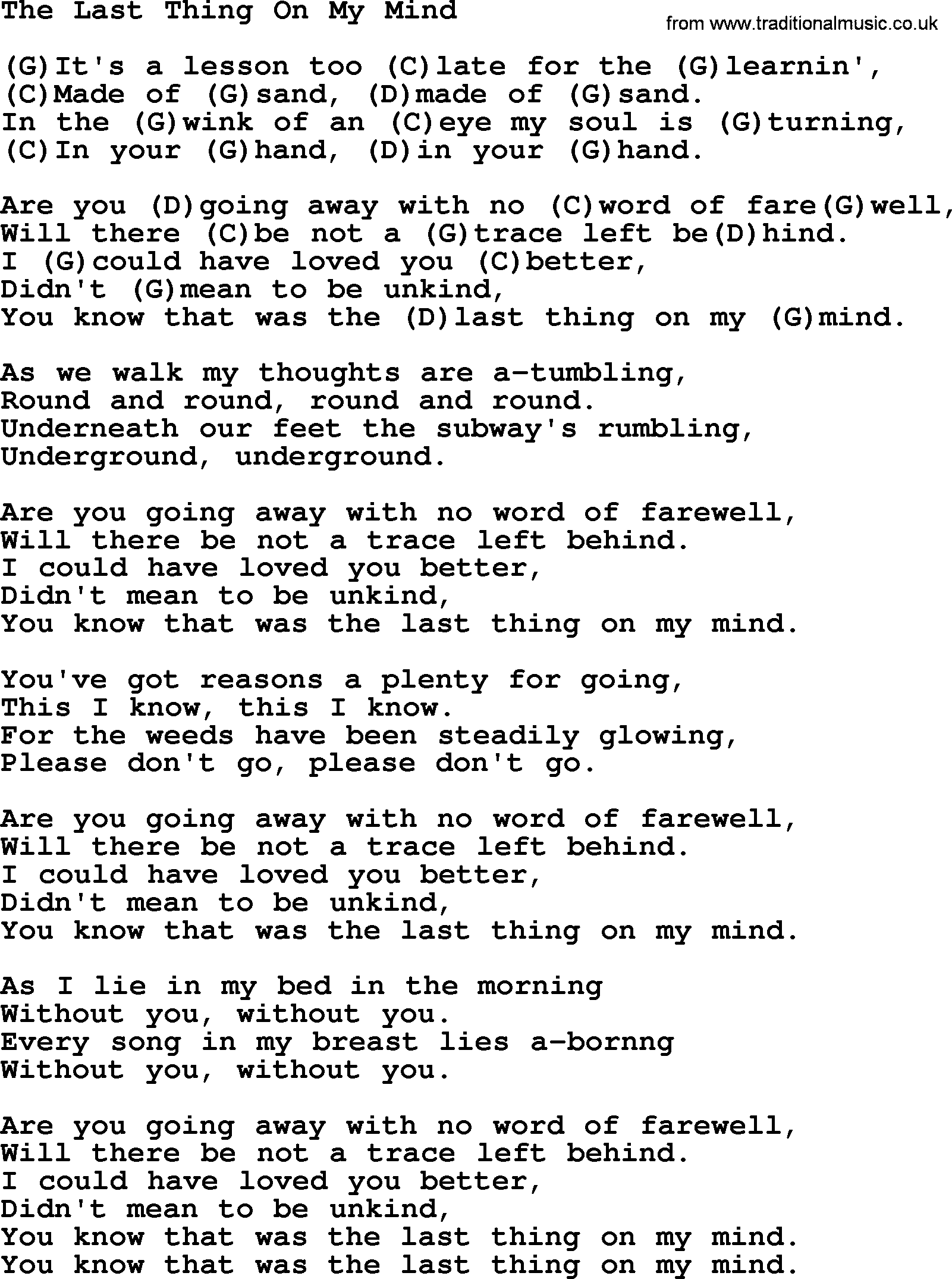 Tom Paxton song: The Last Thing On My Mind, lyrics and chords