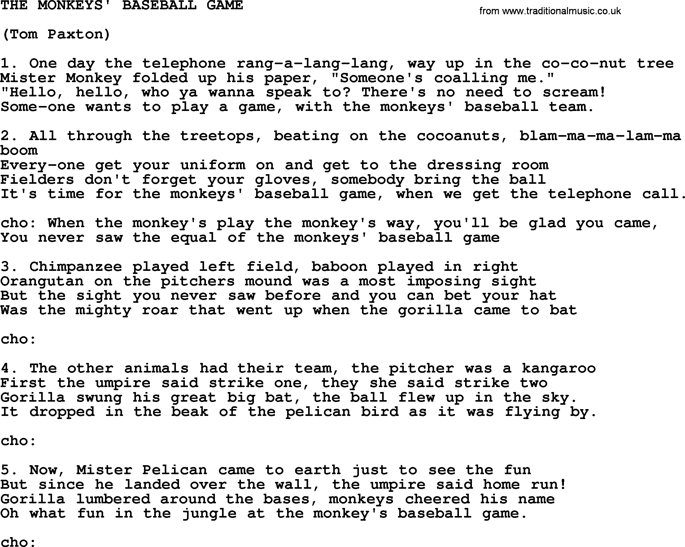 Tom Paxton song: The Monkeys' Baseball Game, lyrics
