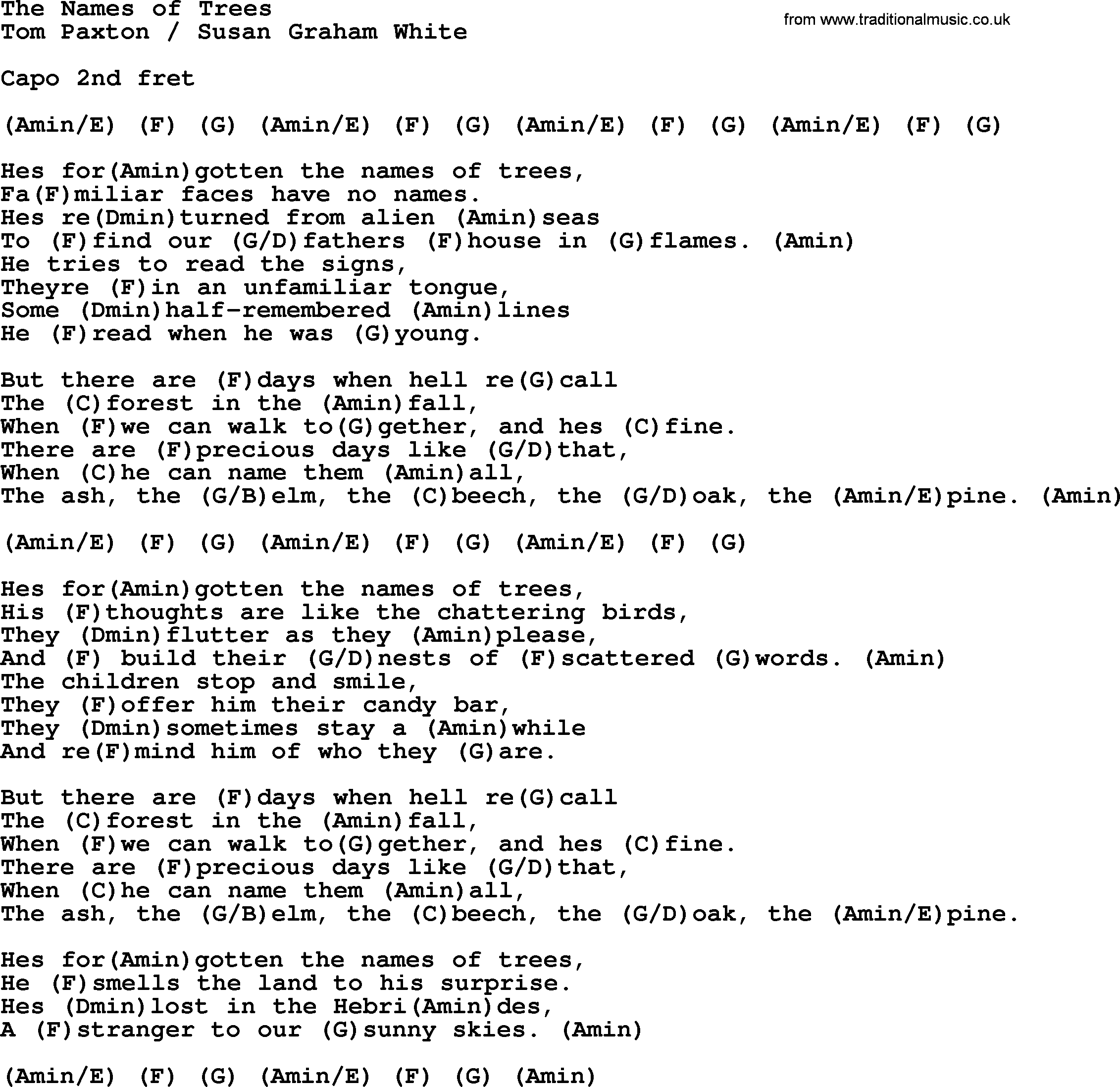 Tom Paxton song: The Names Of Trees, lyrics and chords