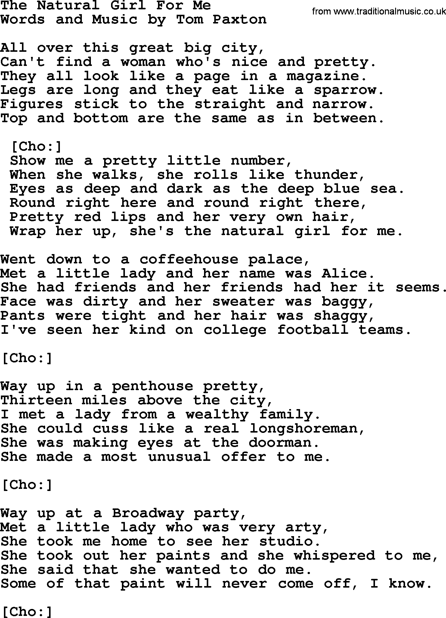 Tom Paxton song: The Natural Girl For Me, lyrics