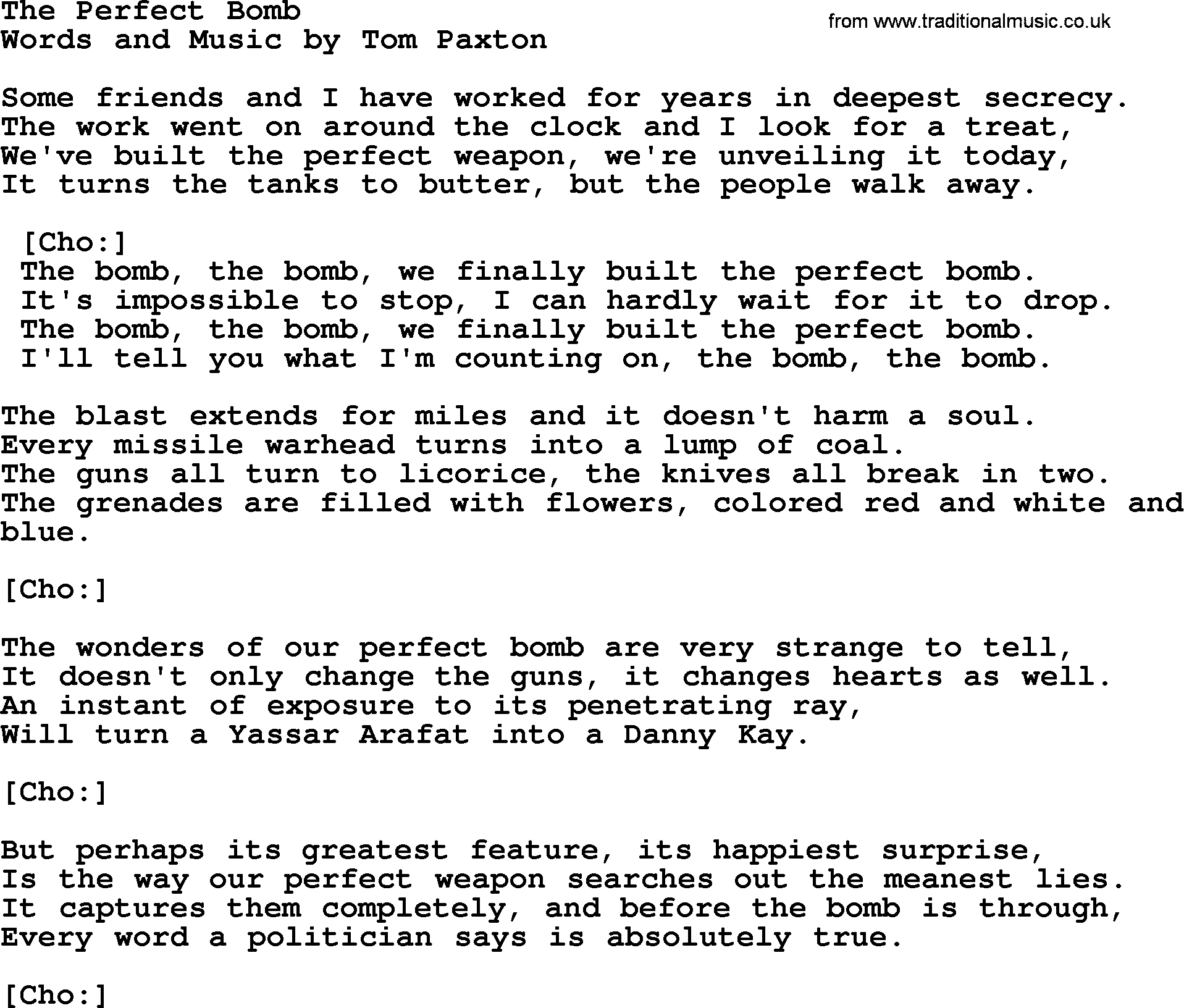 Tom Paxton song: The Perfect Bomb, lyrics
